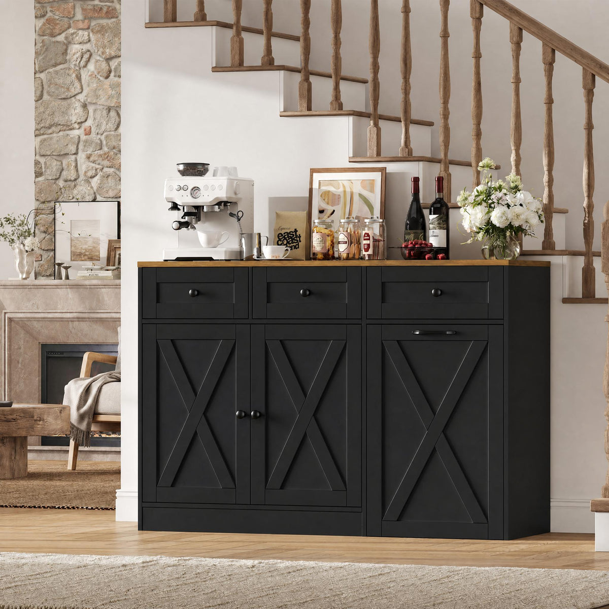 Hiphuta Trash Can Buffet Cabinet Fits 13 Gallon, 47"W Farmhouse Credenza Sideboard with Hidden Garbage Can Cabinet for Dining and Living Room, Black