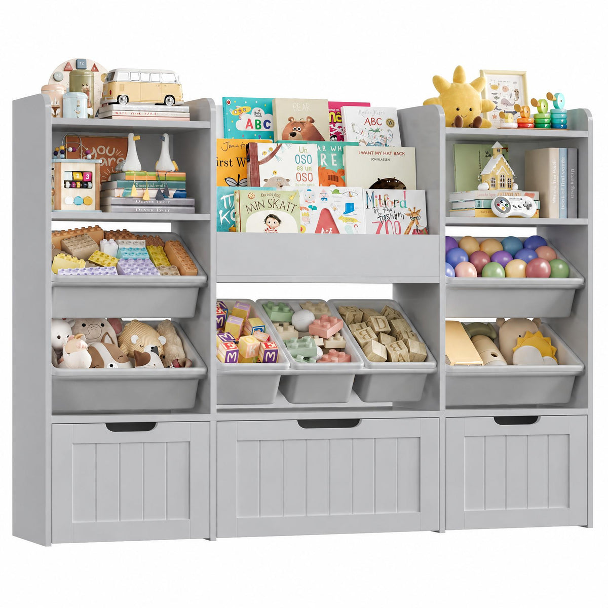 Hiphuta 56”W Kids Toy Storage Organizer with Bookshelf, 3 Removable Drawers & 7 Toy Boxes, Large Wood Toy Organizer for Playroom, Bedroom & Living Room, Gray