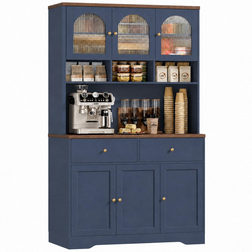 Hiphuta 71"in Modern Kitchen Pantry Storage Cabinet, Freestanding Kitchen Hutch Cabinet with Adjustable Shelves & Microwave Stand, Modern Coffee Hutch for Dining Room, Blue