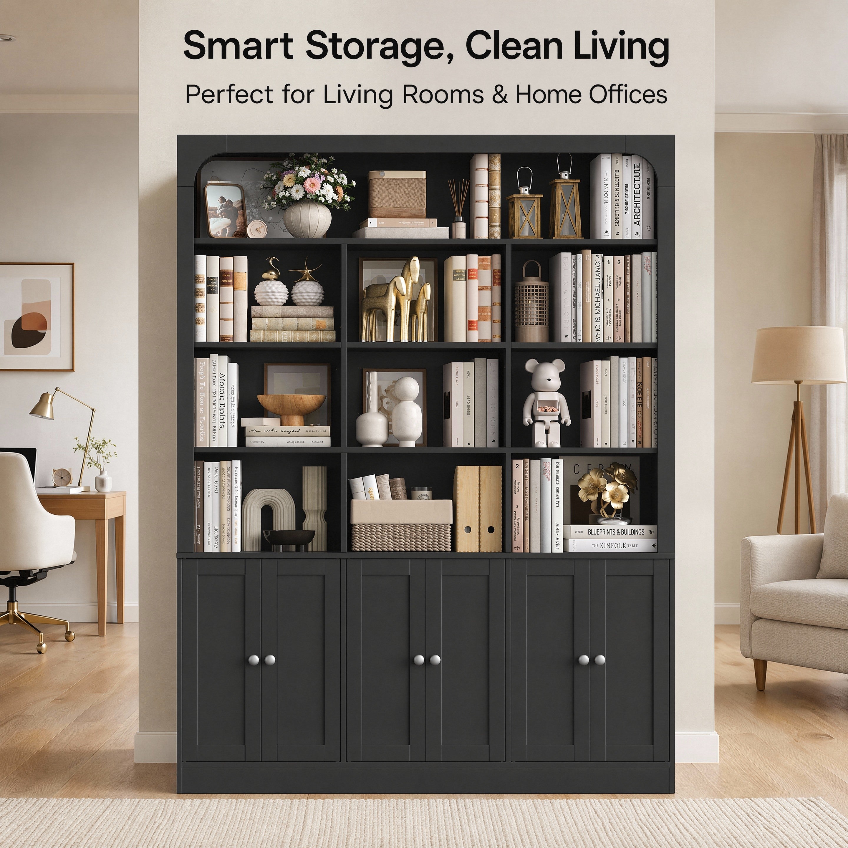 Hiphuta 71" Tall 4-Tier Bookcase with 10 Open Cubes, 56" Wide Extra Large Display Bookshelf with 4 Doors, for Living Room Home Office, Blac