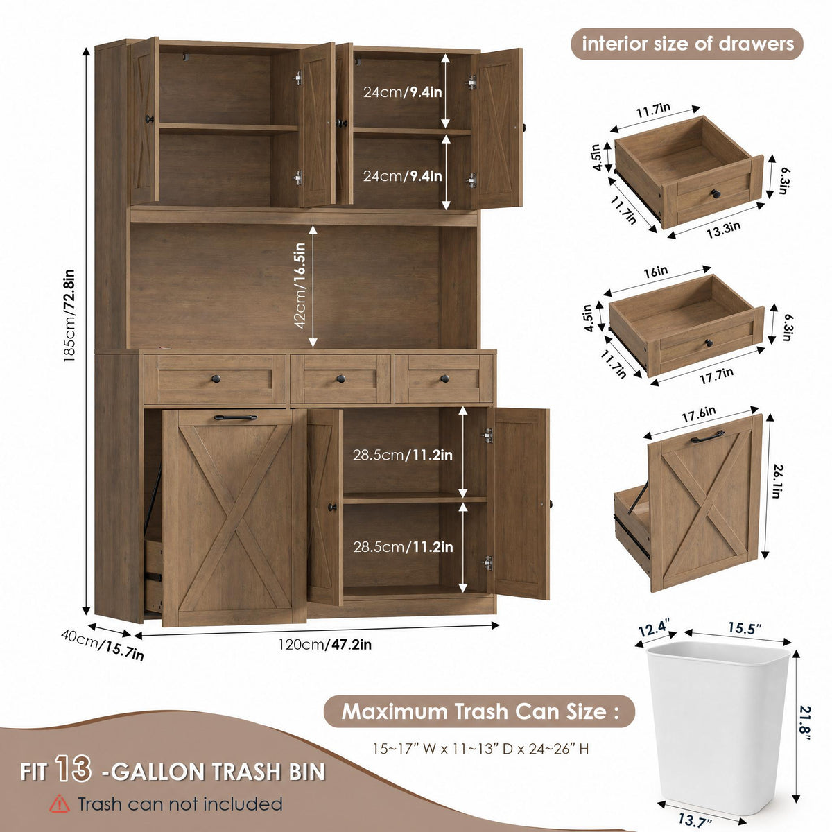 Hiphuta 73” Tall Kitchen Pantry Cabinet Fits 13 Gallon Trash Can Cabinet, Farmhouse Kitchen Storage Hutch with Pull Out Trash Can Storage for Dining Room Living Room, Rustic Brown