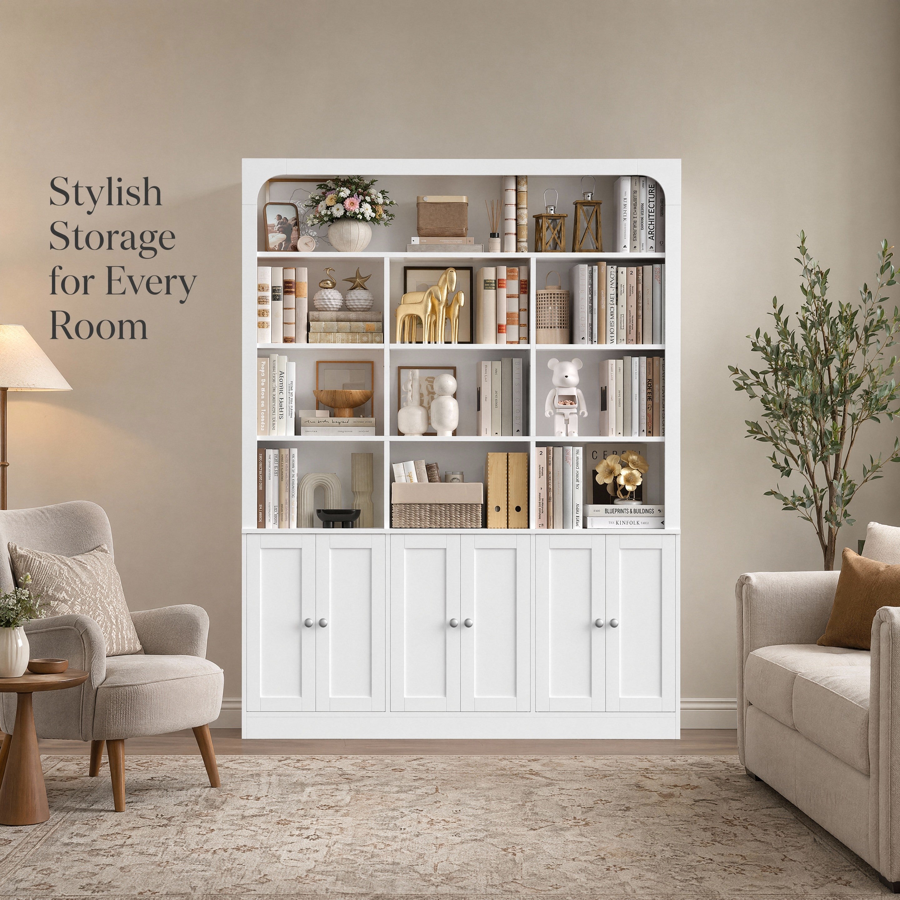 Hiphuta 71" Tall 4-Tier Bookcase with 10 Open Cubes, 56" Wide Extra Large Display Bookshelf with 4 Doors, for Living Room Home Office, White