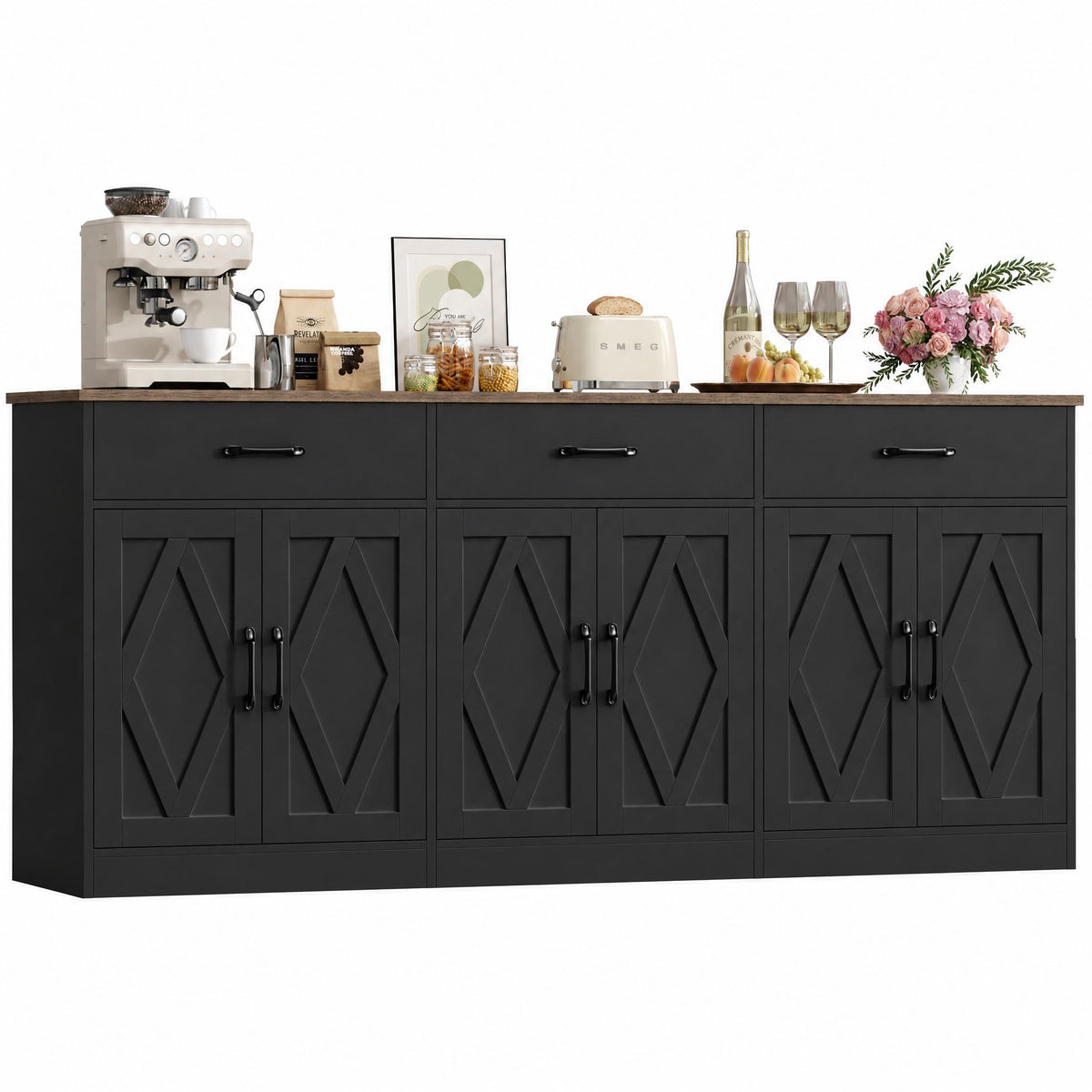 Hiphuta 71"W Large Farmhouse Buffet Cabinet with 6 Doors, Sideboard with 3 Drawers, Coffee Bar for Kitchen Dining Room Living Room, Black