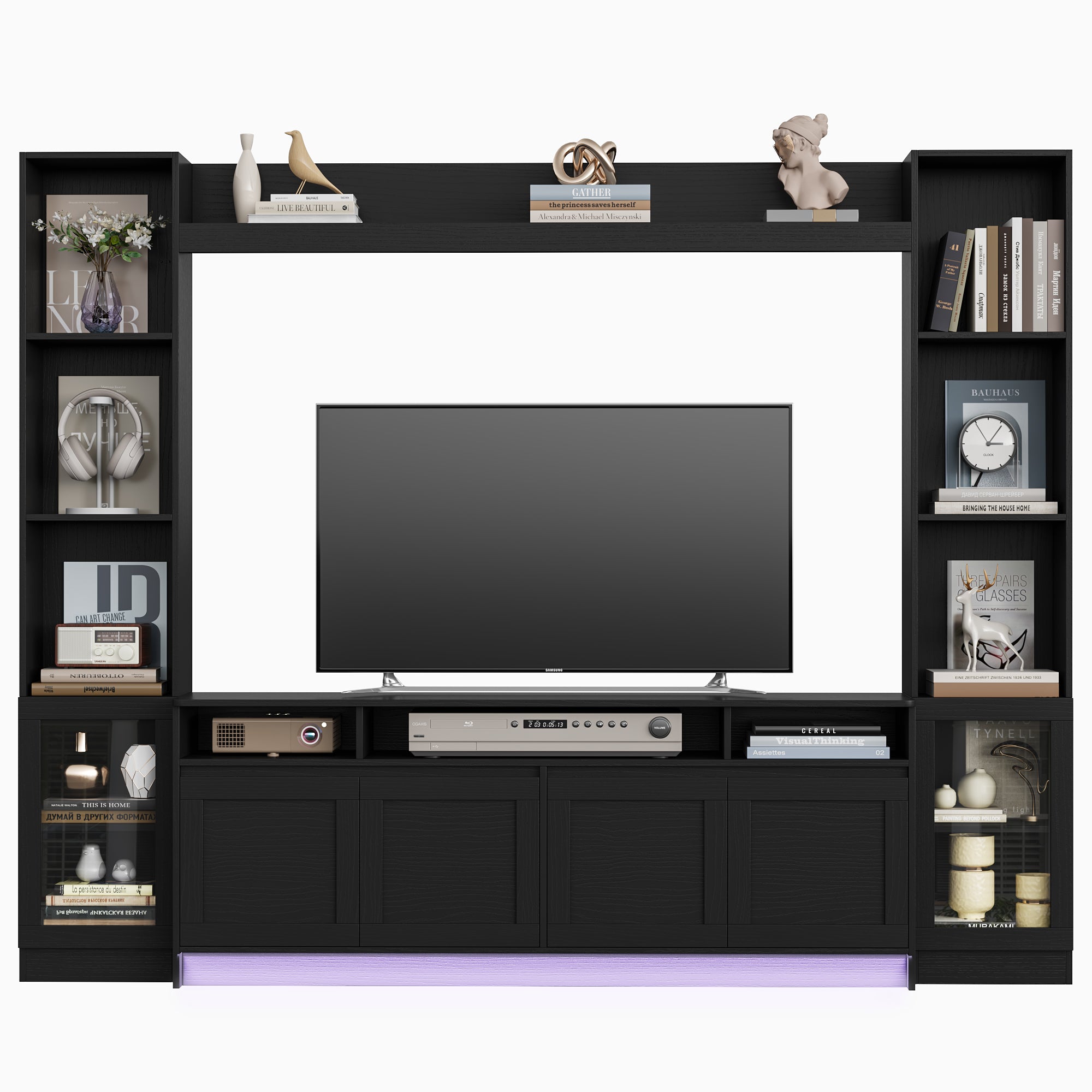 Hiphuta 79" W Wall Unit Entertainment Center for TVs up to 65", Farmhouse Wall Unit TV Stand with Bookshelves and Cabinet, Entertainment Center with LED Lights for Living Room, Black