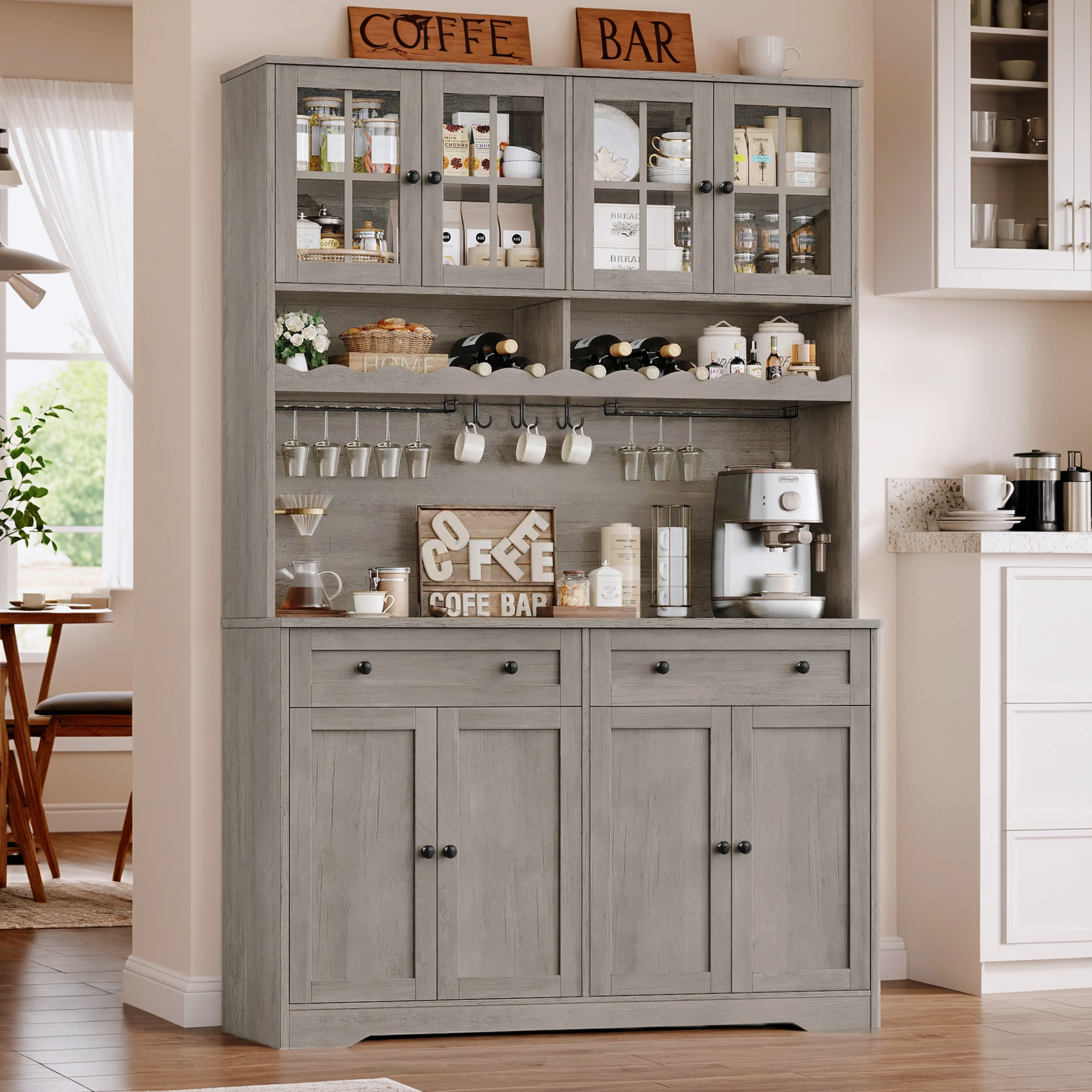 Hiphuta 75"Tall Kitchen Pantry Storage Cabinet with Power Outlet, Storage Pantry with Drawers & Glass Doors, Freestanding Cupboard Storage Hutch with Microwave Stand, Ash Gray