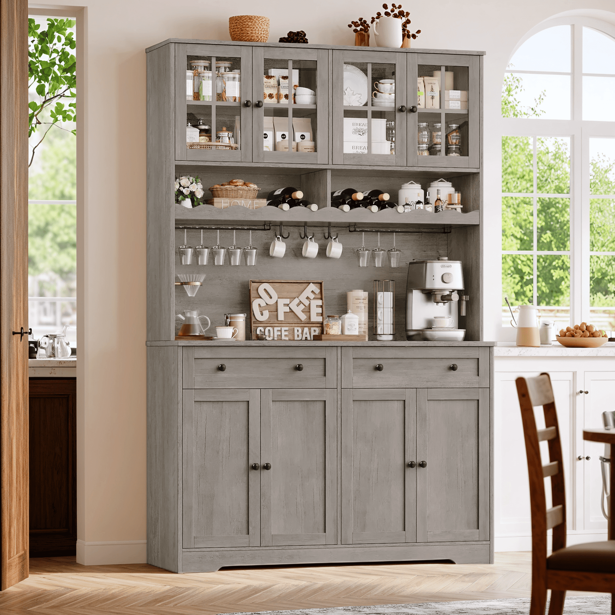 Hiphuta 75"Tall Kitchen Pantry Storage Cabinet with Power Outlet, Storage Pantry with Drawers & Glass Doors, Freestanding Cupboard Storage Hutch with Microwave Stand, Ash Gray