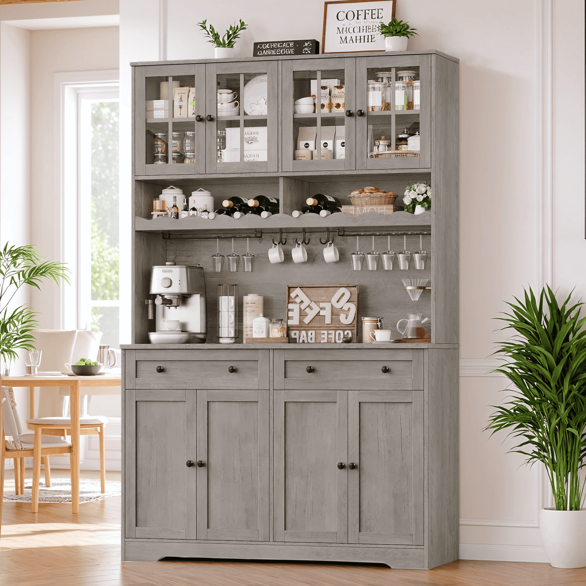 Hiphuta 75"Tall Kitchen Pantry Storage Cabinet with Power Outlet, Storage Pantry with Drawers & Glass Doors, Freestanding Cupboard Storage Hutch with Microwave Stand, Ash Gray