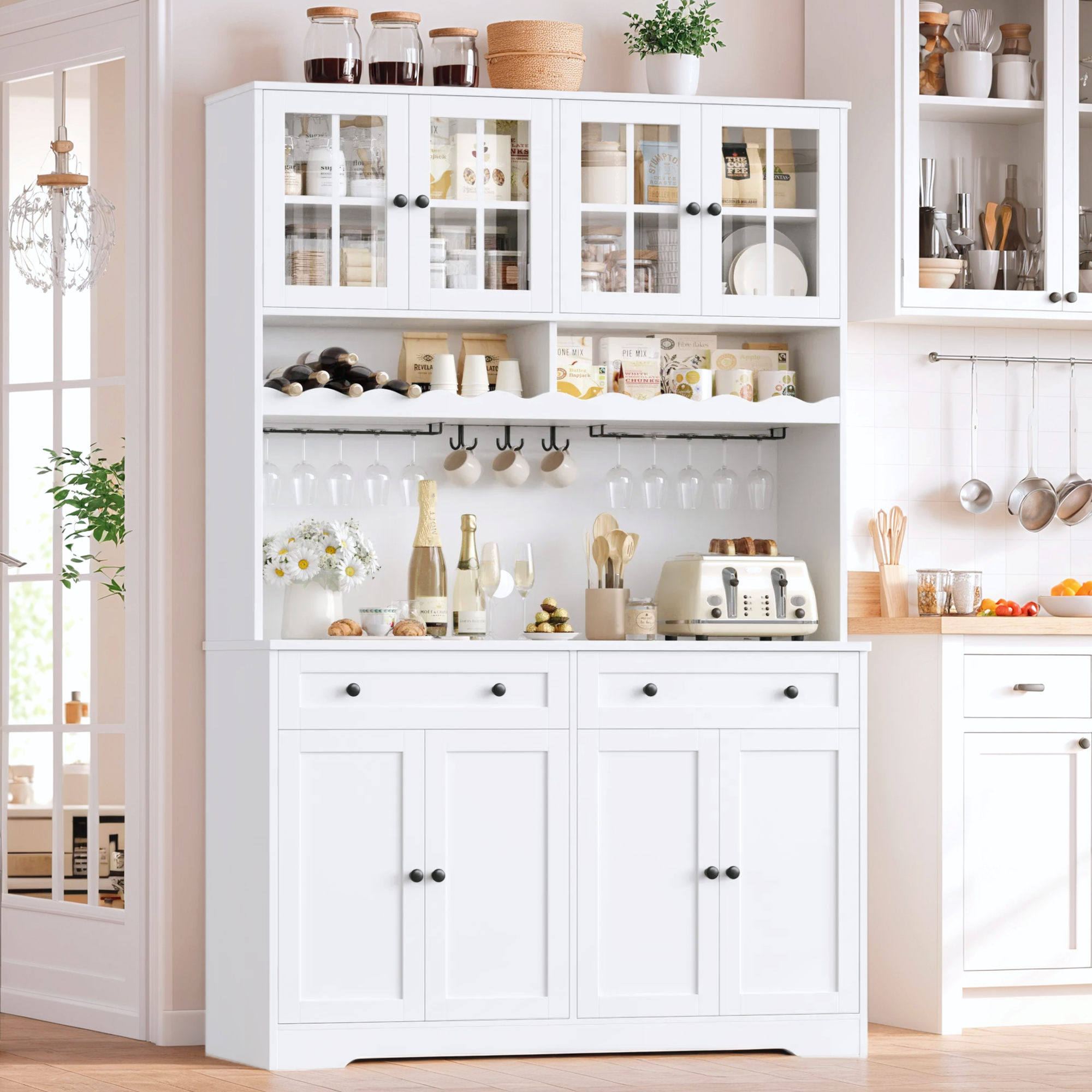 Hiphuta 75"Tall Kitchen Pantry Storage Cabinet with Power Outlet, Storage Pantry with Drawers & Glass Doors, Freestanding Cupboard Storage Hutch with Microwave Stand, White