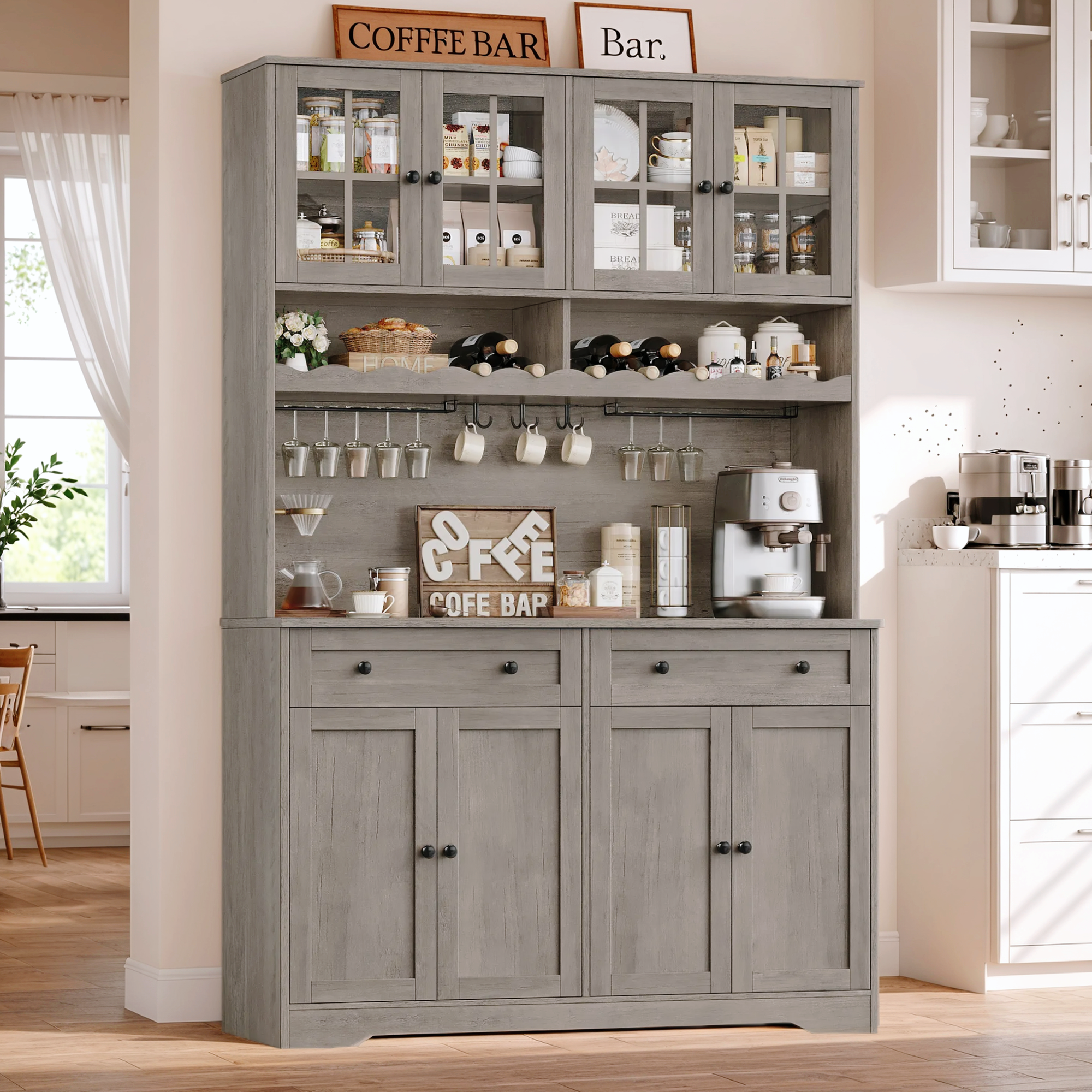 Hiphuta 75"Tall Kitchen Pantry Storage Cabinet with Power Outlet, Storage Pantry with Drawers & Glass Doors, Freestanding Cupboard Storage Hutch with Microwave Stand, Ash Gray