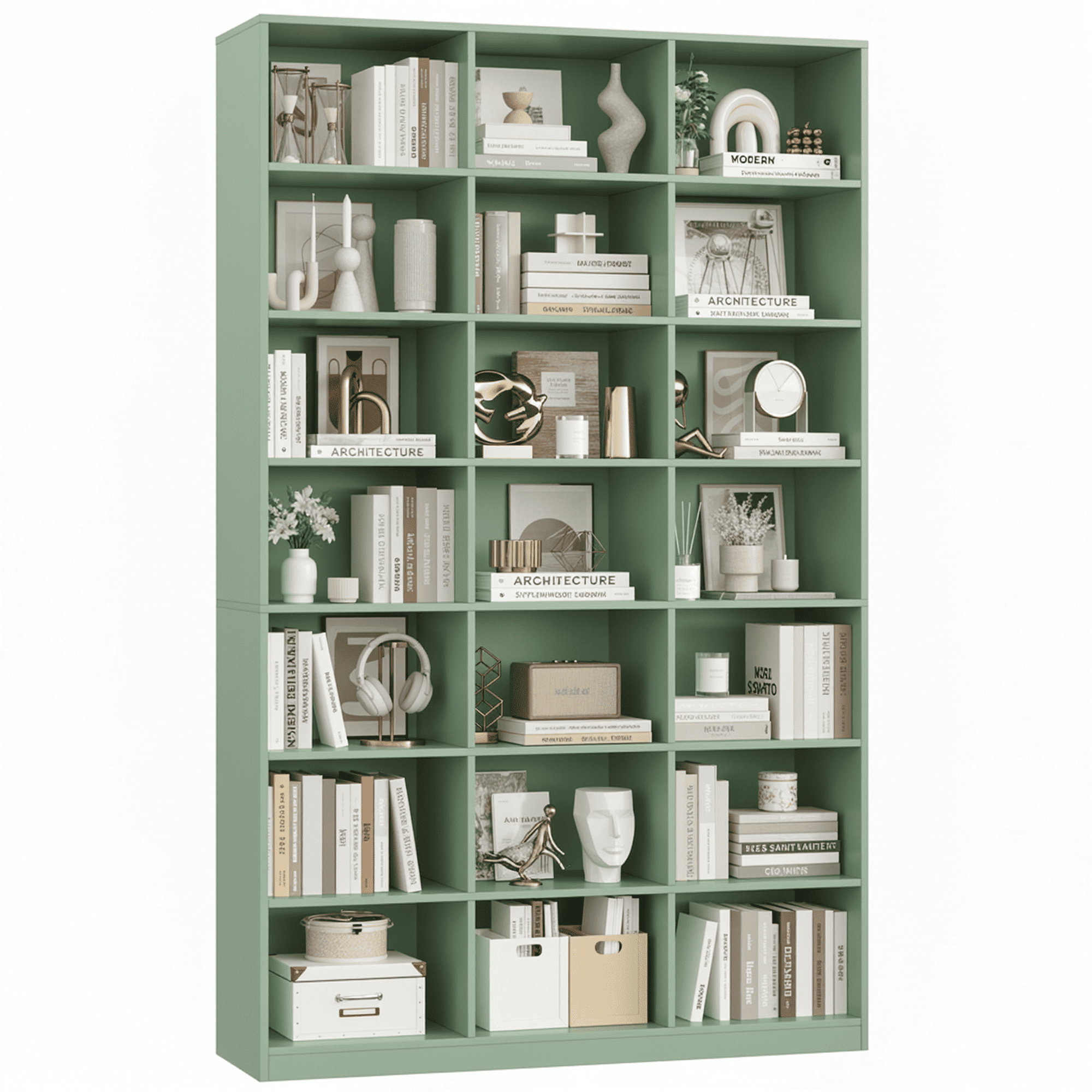 Hiphuta 86"H x 47"W Wood Triple 7-Tier Standard Bookcase, Tall Bookcase for Bedroom, Living Room and Office, Freestanding 21 Cubes Display Storage Shelves, Green