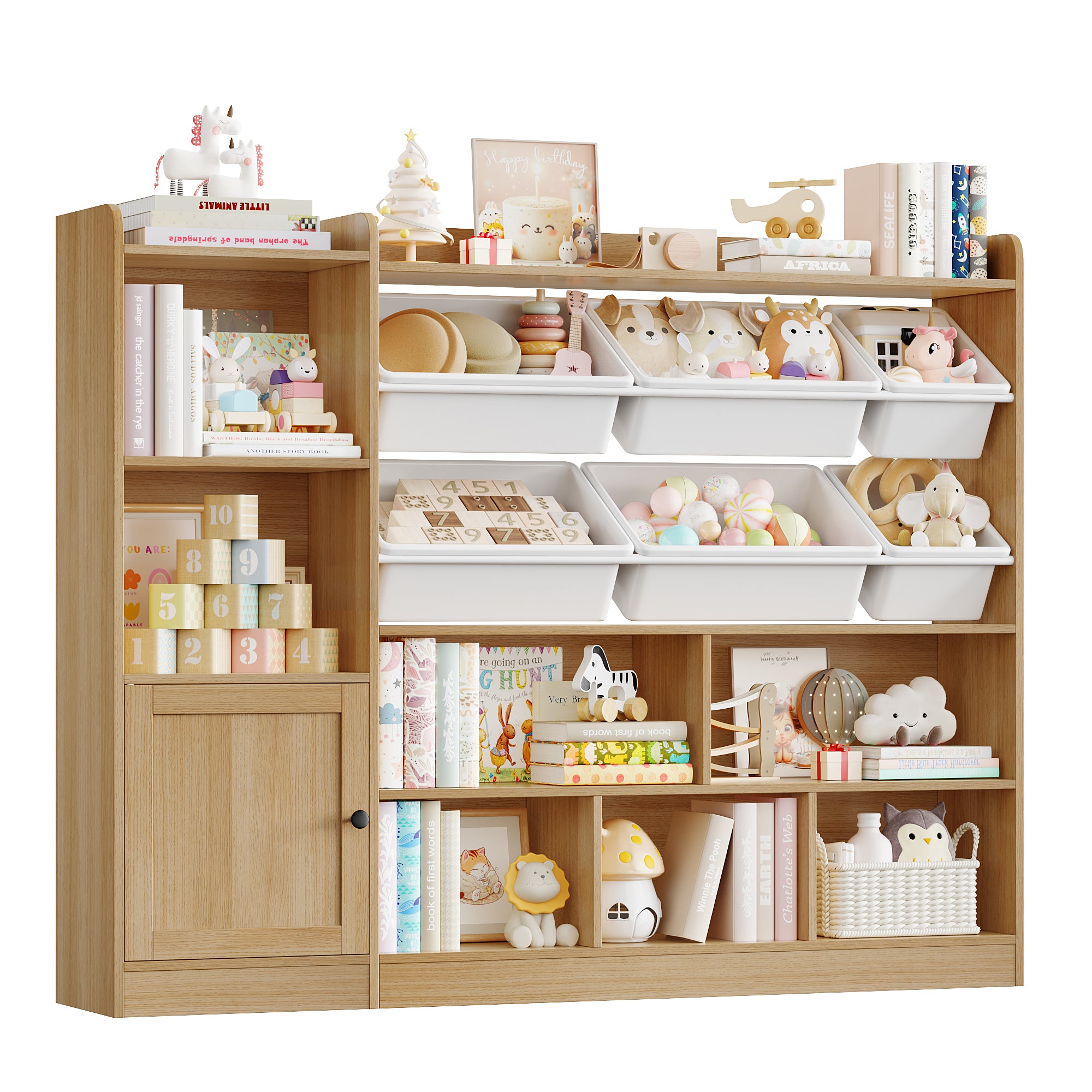 Hiphuta Kids Bookcase Toy Organizer, Wood Bookcase Toy Cabinet of 8 Compartments & 6 Movable Bins, Bookshelf for Kids Room, Natural