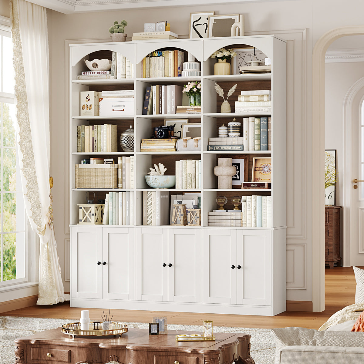 Hiphuta 78" Tall Triple Wide Bookcase with 6 Adjustable Shelves, Large Arched Book Shelf with 15 Cubes and 6 Doors, for Home Office Living Room, White & Walnut