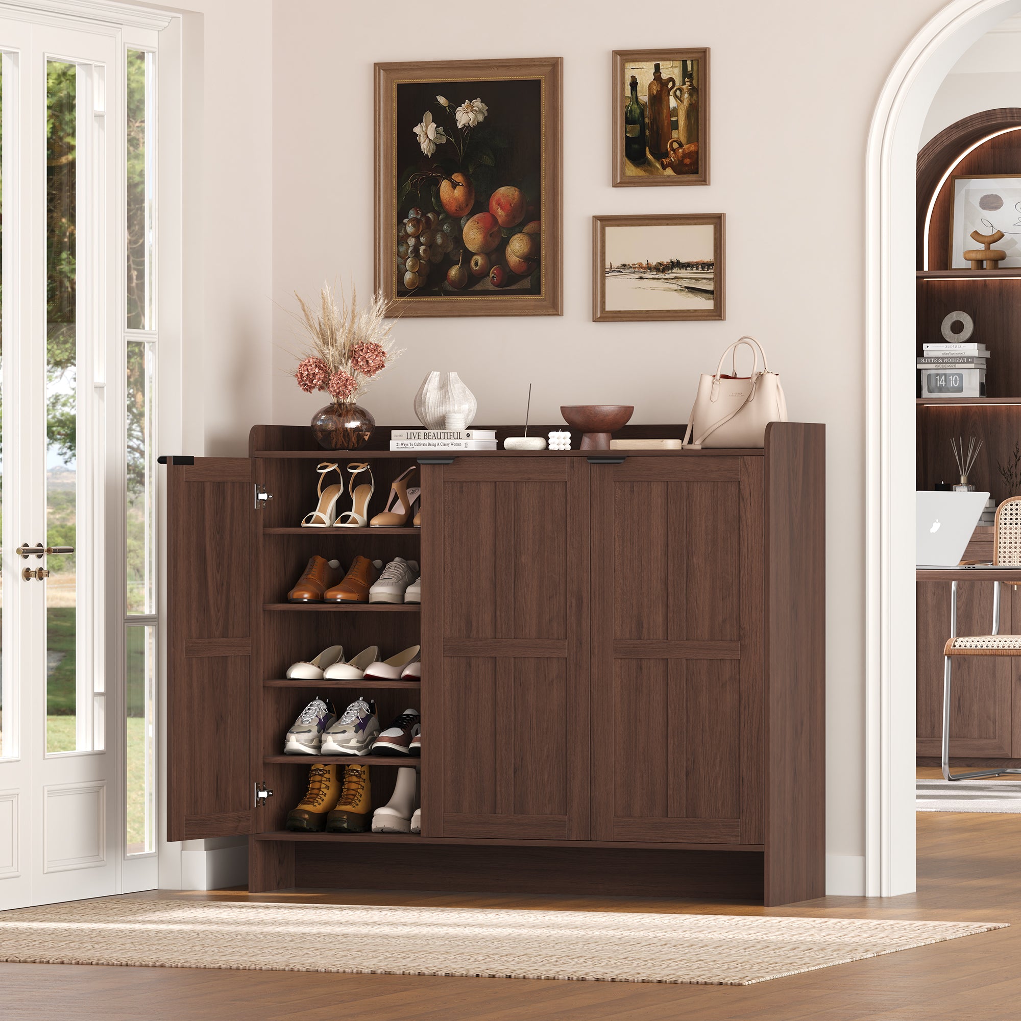 Hiphuta 6 Tiers Shoe Cabinet with Doors, Modern Minimalist Shoe Organizer for Entryway, Brown