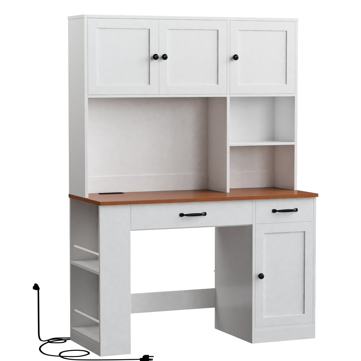 Hiphuta Executive Desk with Hutch & Power Outlets, Wood Writing Study Table with Adjustable Shelves, Home Office Computer Desk with Drawers, White