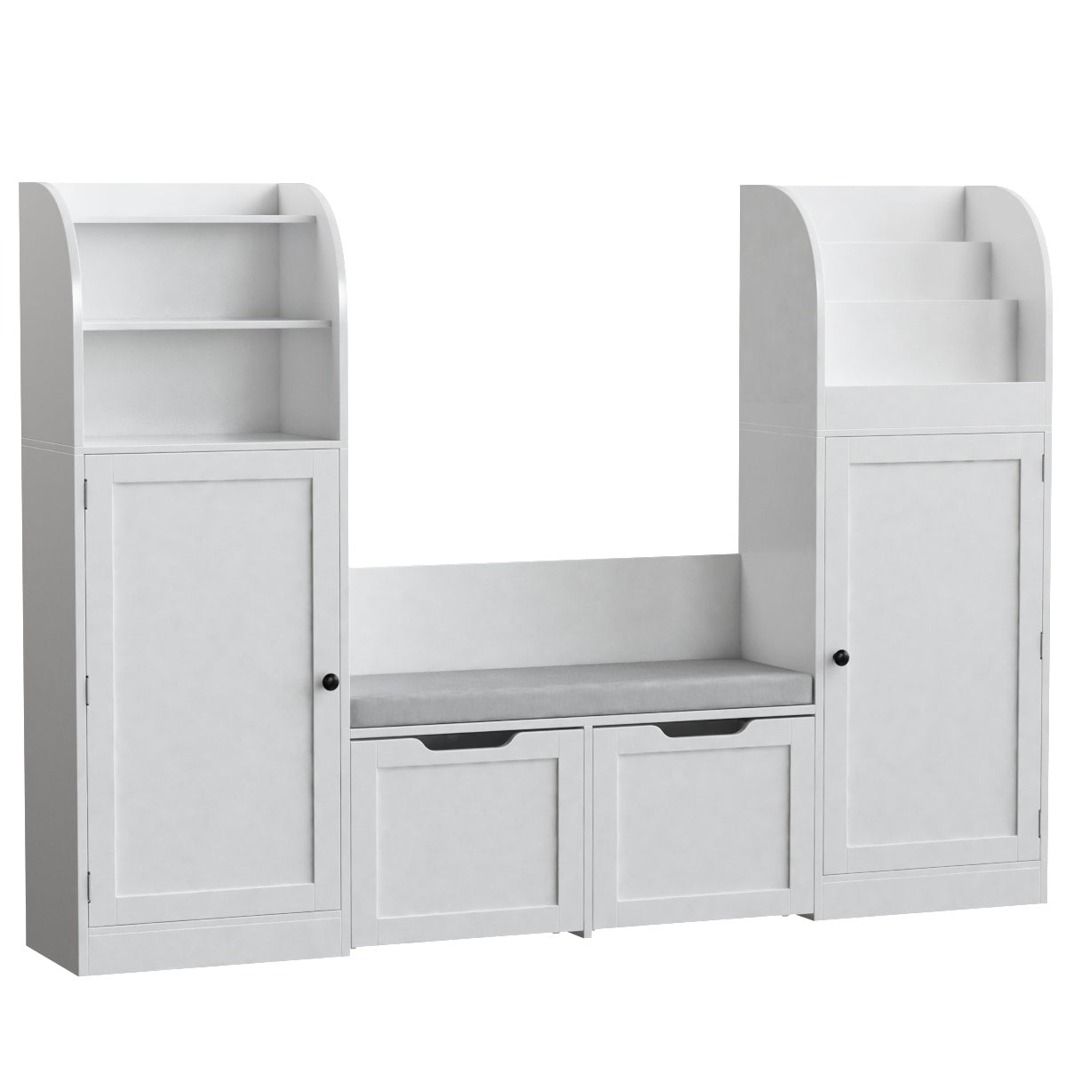Hiphuta Kid Bookcase with Reading Nook and 2 Door-Mounted Shelves, Toy Storage Organizer with Cushioned Bench and Drawers, for Children's Bedroom Playroom, White