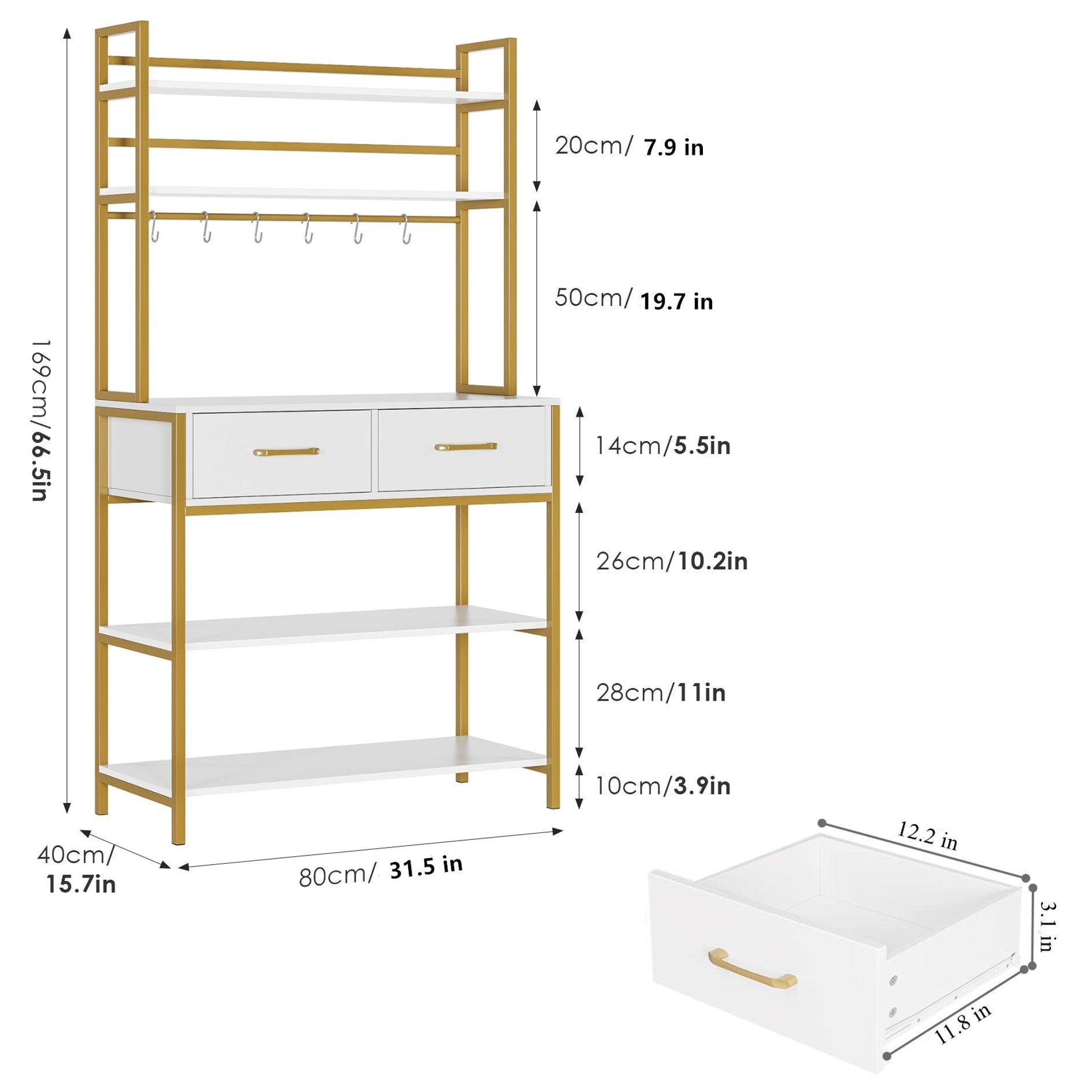 Hiphuta 31.5'' 5-Tier Kitchen Wood Bakers Rack with 2 Drawers, Gold White