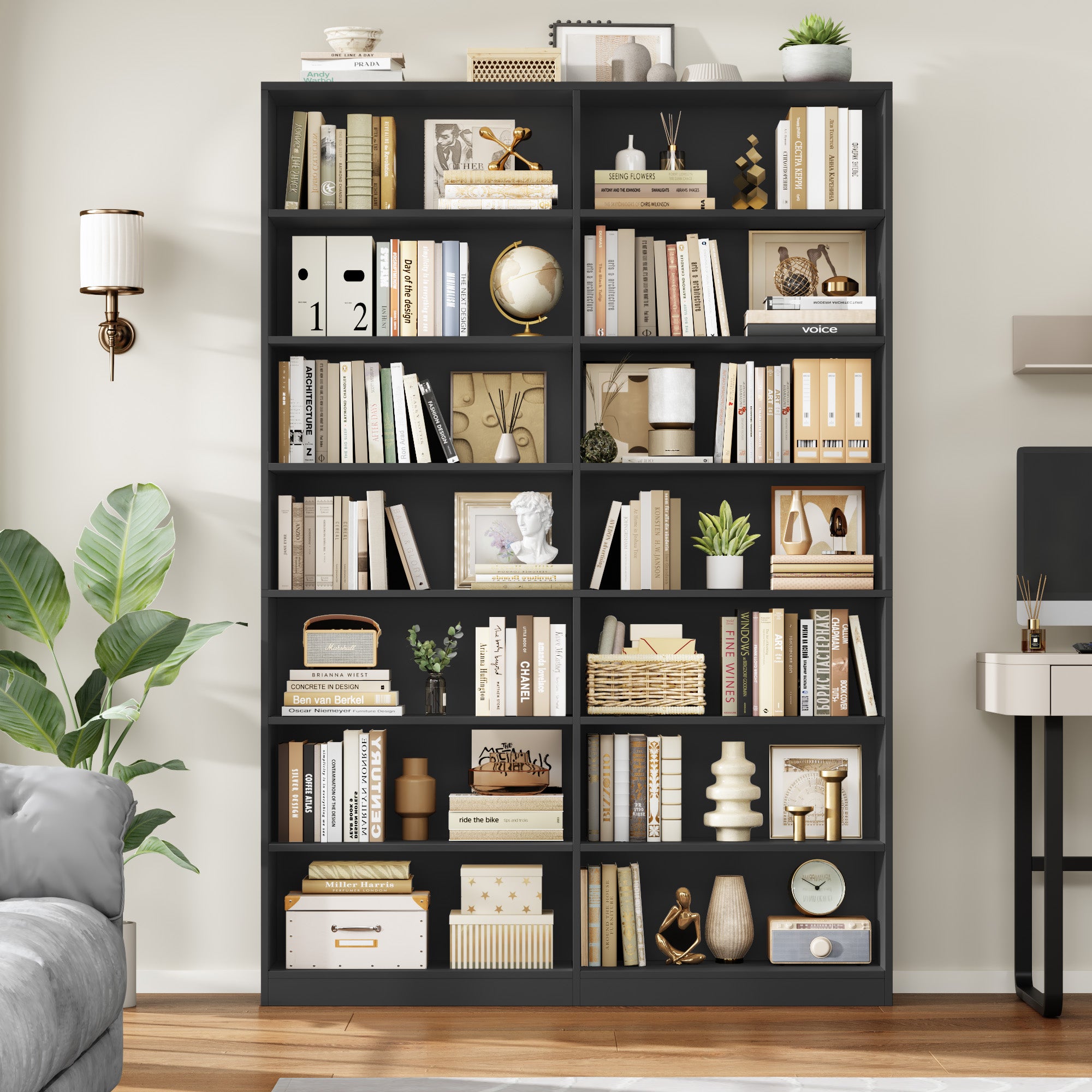Hiphuta 84"H Wooden Double 7-Tier Tall Bookcase, Standard Bookcase for Living Room and Office, Freestanding Display Storage Shelves, Black