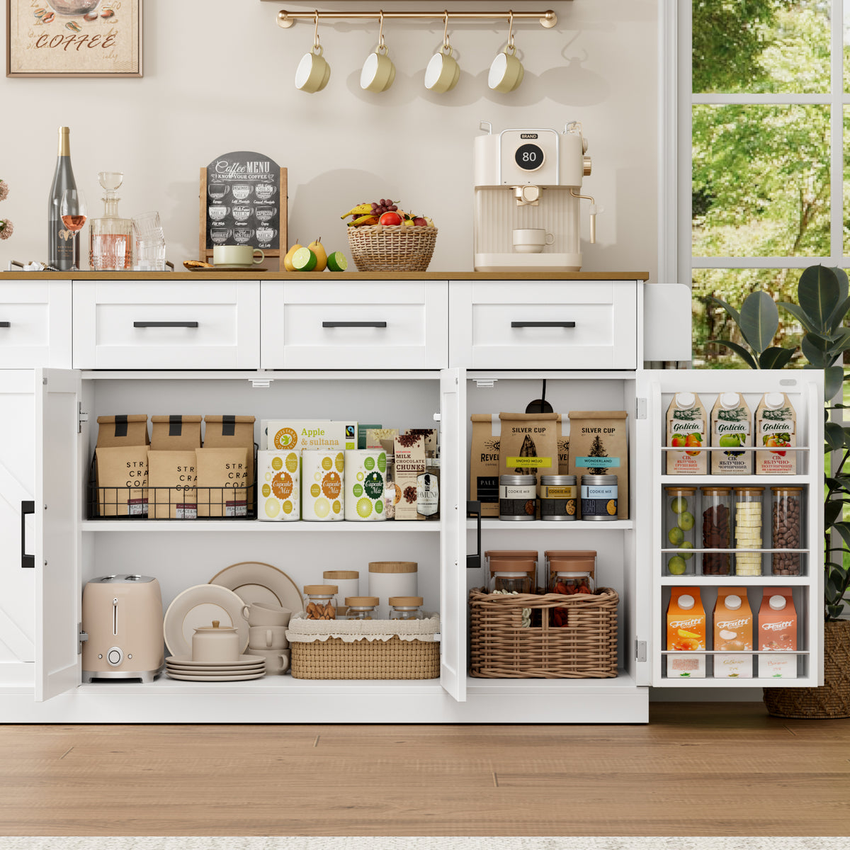 Hiphuta 55"W Kitchen Island Cart with Storage, Rolling Island Table with Trash Can, Adjustable Shelves and 4 Drawers, Movable Buffet Cabinet for Dining room, White