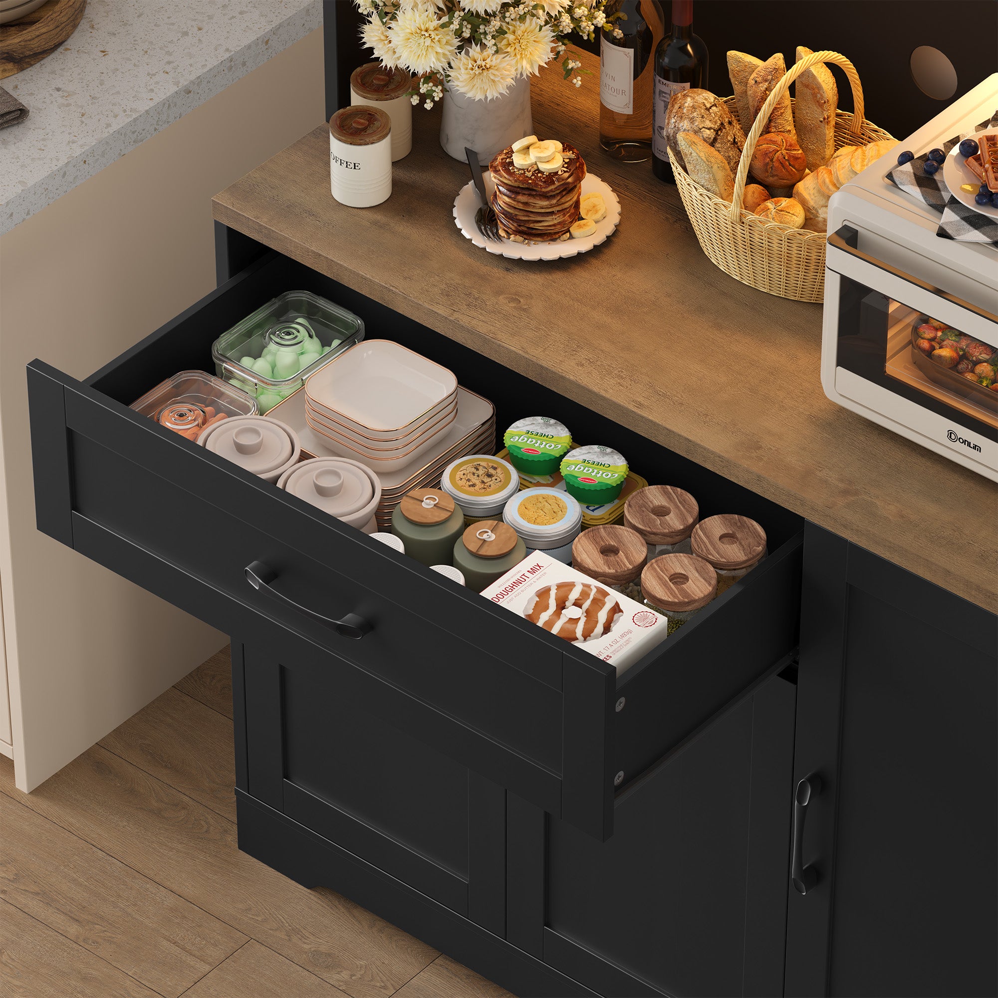 Hiphuta 71”Tall Modern Pantry Cabinet with Power Outlet & LED, Freestanding Kitchen Hutch Cabinet for Dining Room, Black