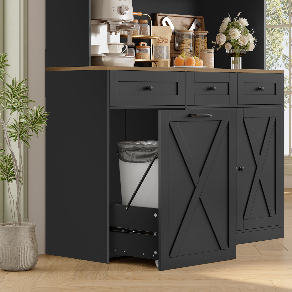 Hiphuta 73” Tall Kitchen Pantry Cabinet Fits 13 Gallon Trash Can Cabinet, Farmhouse Kitchen Storage Hutch with Pull Out Trash Can Storage for Dining Room Living Room, Black