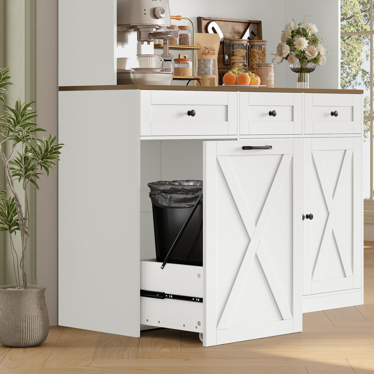 Hiphuta 73” Tall Kitchen Pantry Cabinet Fits 13 Gallon Trash Can Cabinet, Farmhouse Kitchen Storage Hutch with Pull Out Trash Can Storage for Dining Room Living Room, White