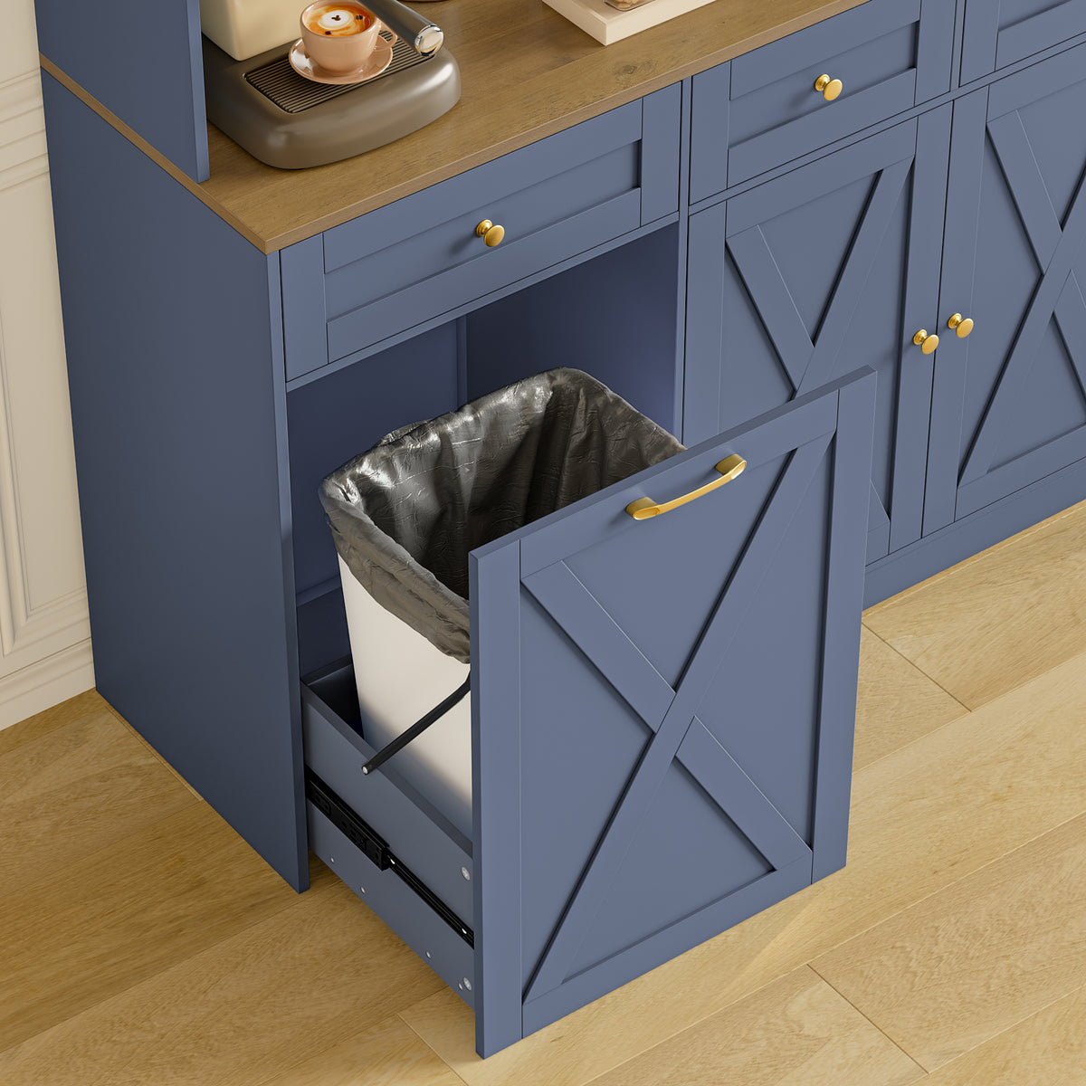 Hiphuta 73” Tall Kitchen Pantry Cabinet Fits 13 Gallon Trash Can Cabinet, Farmhouse Kitchen Storage Hutch with Pull Out Trash Can Storage for Dining Room Living Room, Dark Blue