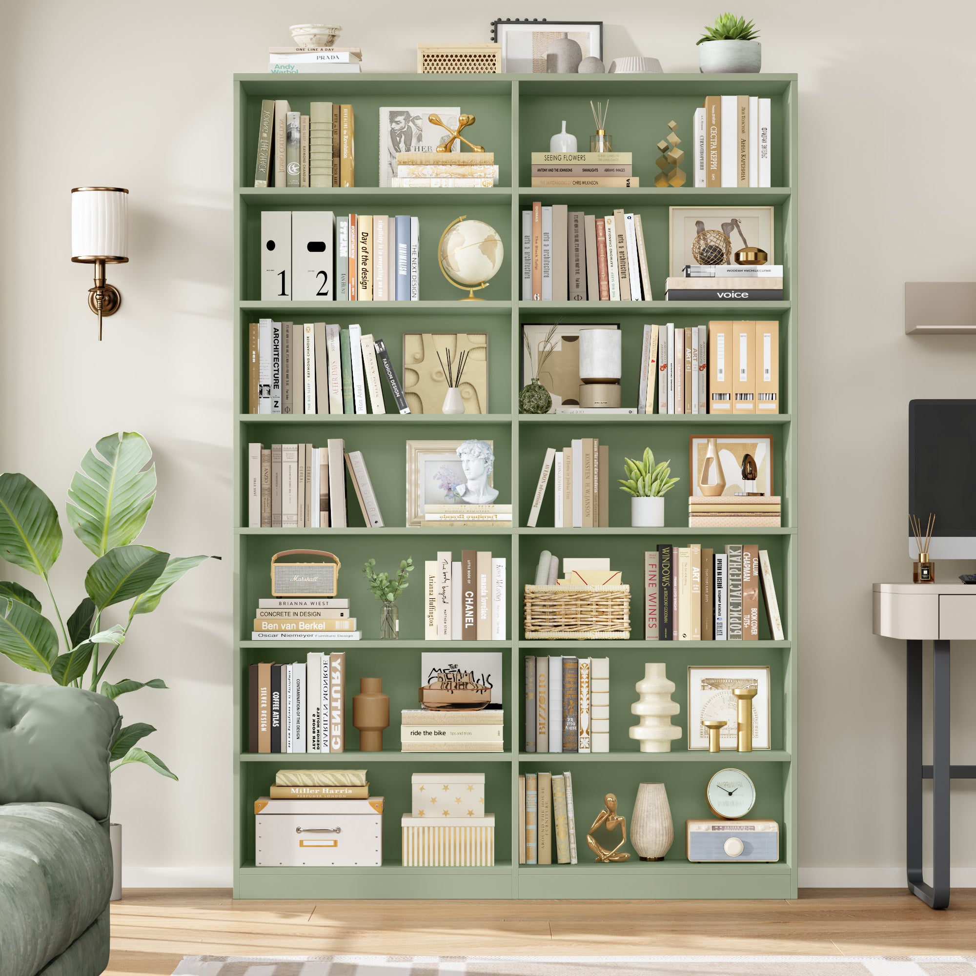 Hiphuta 84"H Wooden Double 7-Tier Tall Bookcase, Standard Bookcase for Living Room and Office, Freestanding Display Storage Shelves, Green