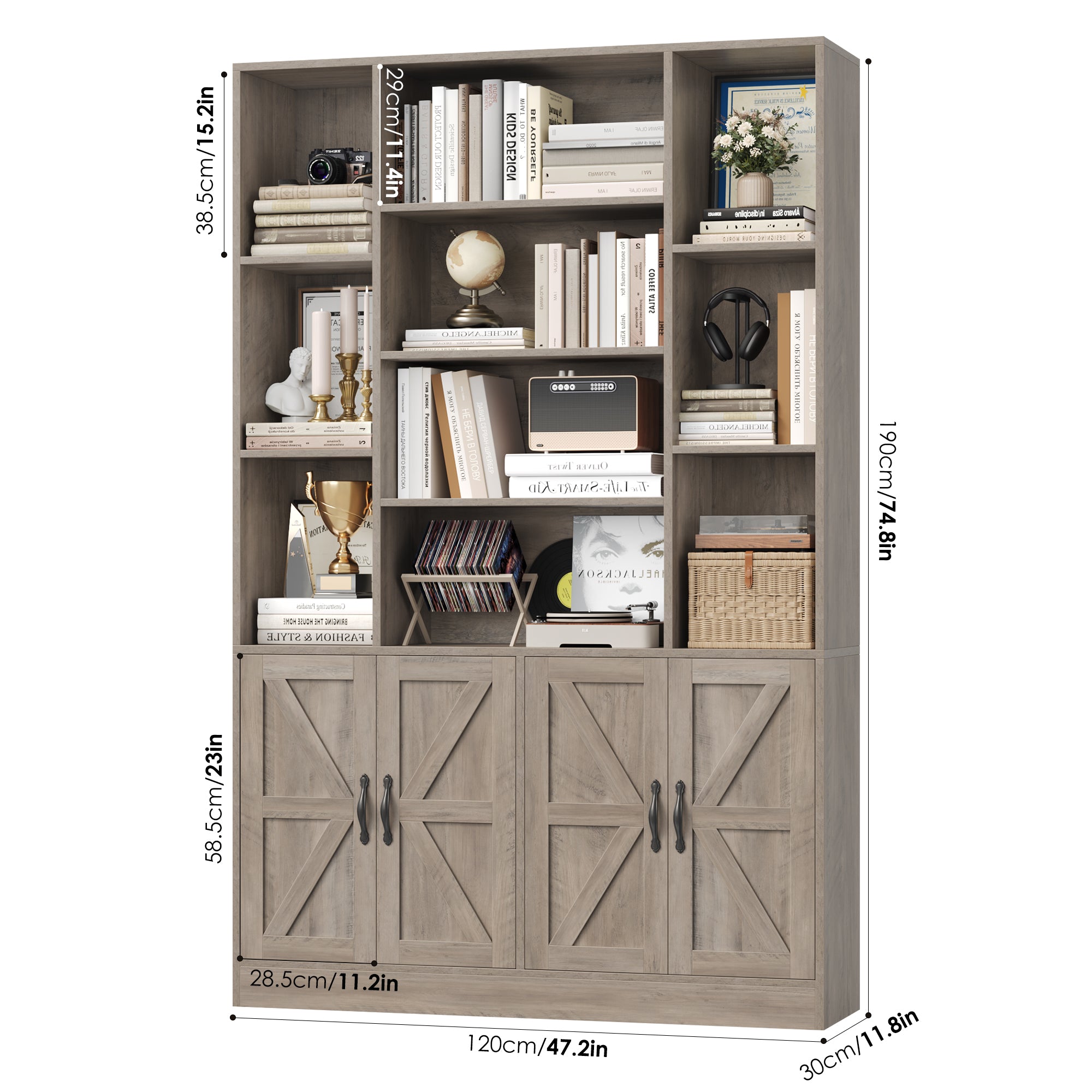 Hiphuta 74.8" Tall Bookcases with 2 Double Door Cabinet, Wooden Storage Bookshelf for Living Room Home Office, Ash Gray