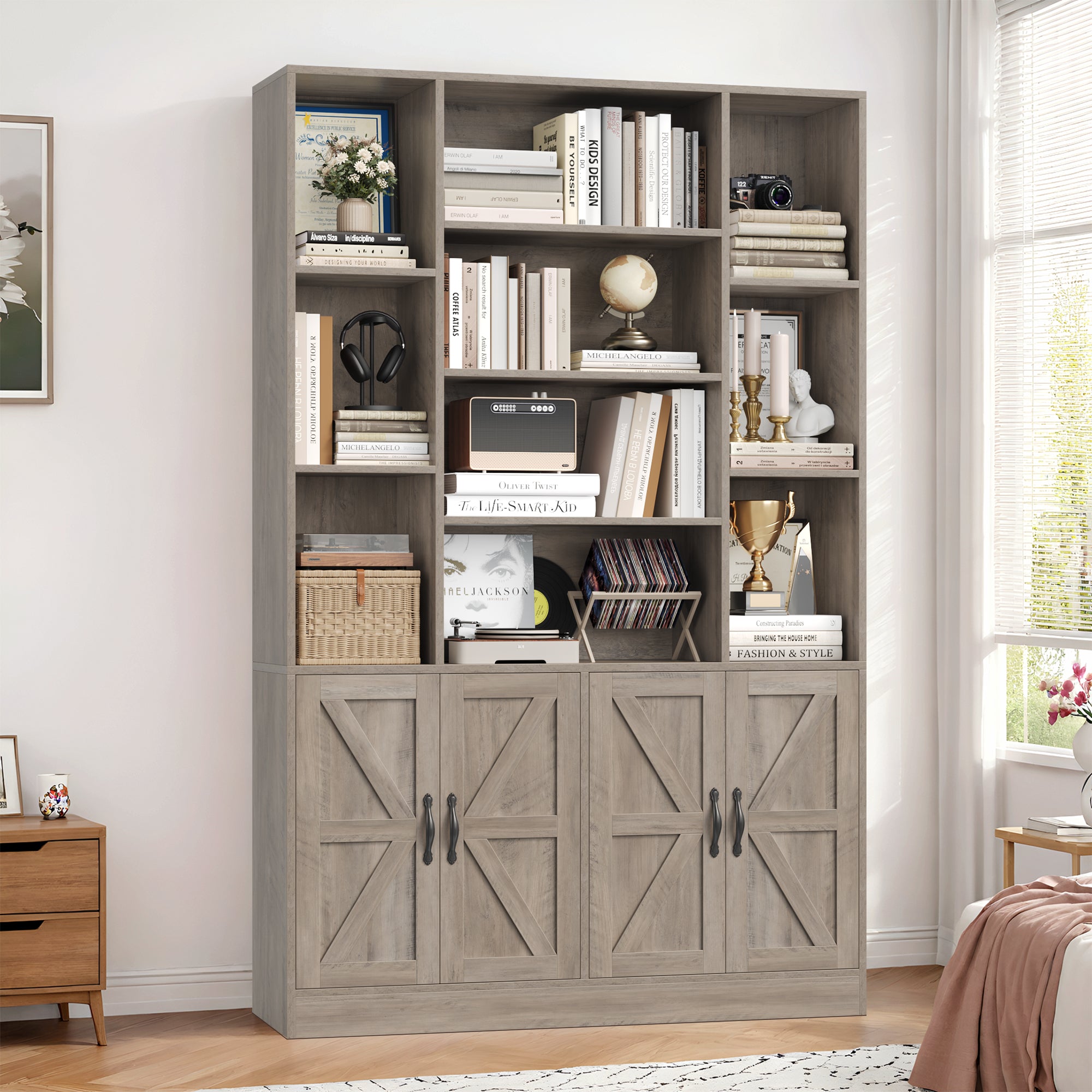 Hiphuta 74.8" Tall Bookcases with 2 Double Door Cabinet, Wooden Storage Bookshelf for Living Room Home Office, Ash Gray