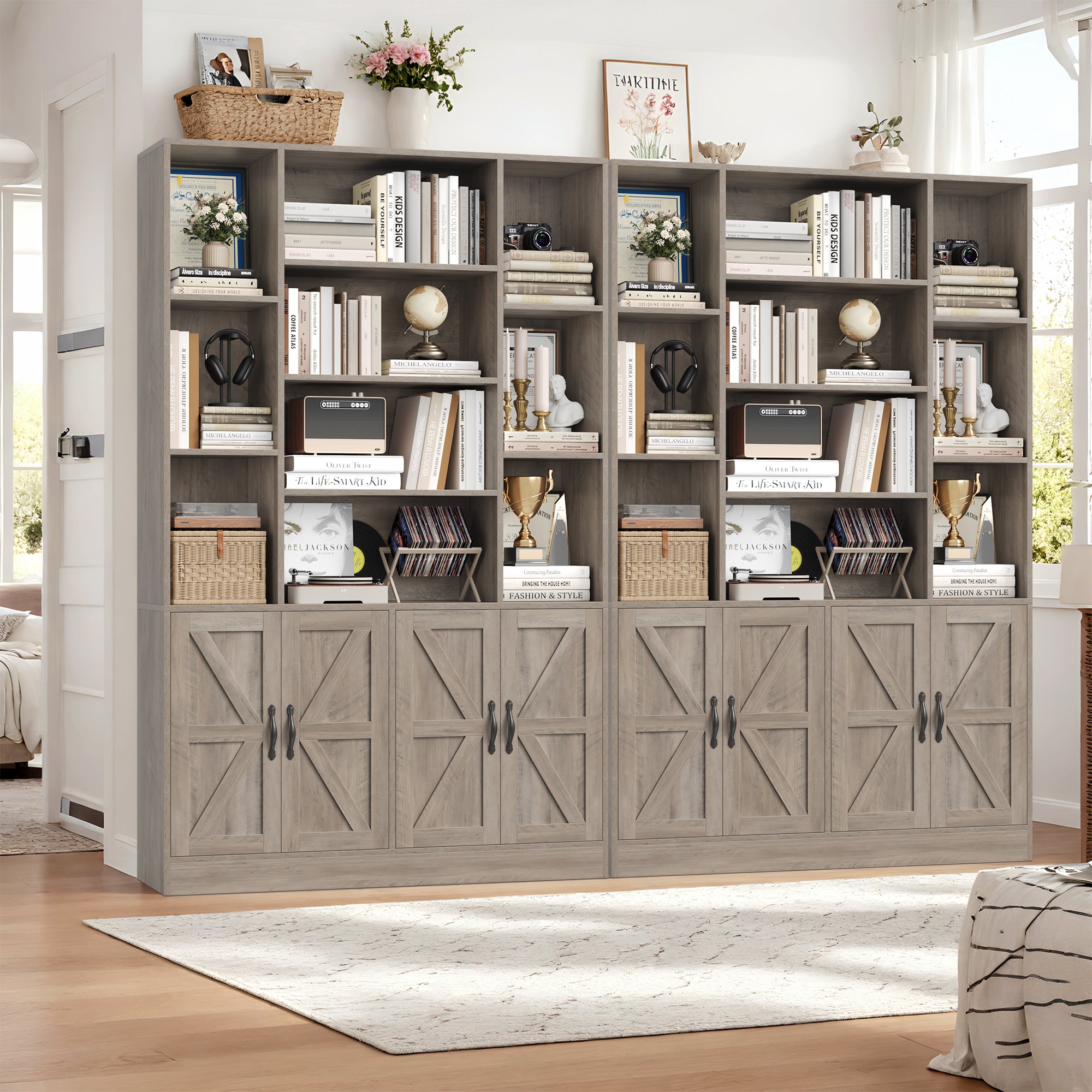 Hiphuta 74.8" Tall Bookcases with 2 Double Door Cabinet, Wooden Storage Bookshelf for Living Room Home Office, Ash Gray