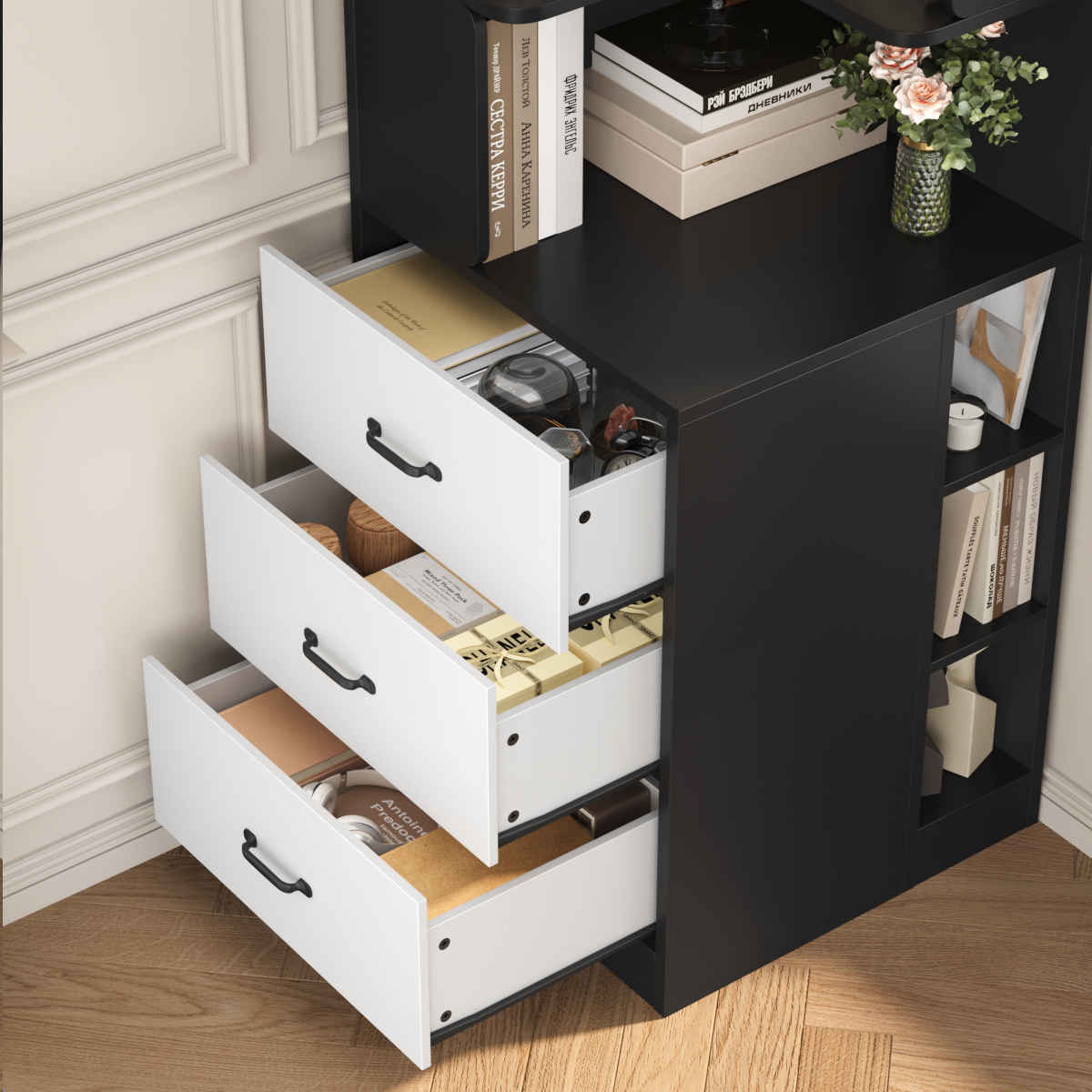 Hiphuta 77"Tall L-Shaped Corner Bookshelf with Drawers and Side Storage, Modern Wood Bookcase with 4-Tier Display Shelves Storage Cabinet for Living Room Home Office , Black
