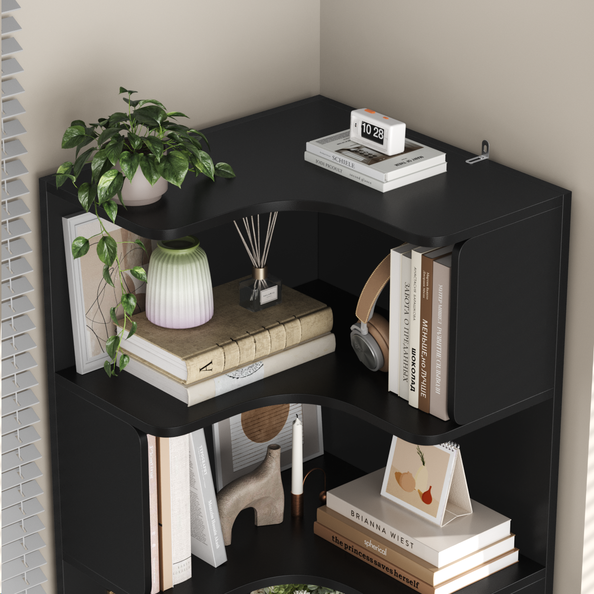 Hiphuta 77"Tall L-Shaped Corner Bookshelf with Drawers and Side Storage, Modern Wood Bookcase with 4-Tier Display Shelves Storage Cabinet for Living Room Home Office , Black