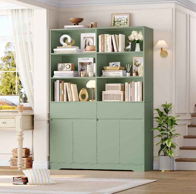 Hiphuta 69"H Modern Bookcases with Doors & Drawers, Large Wooden Display Shelf for Home Office, Wooden Storage Bookshelf for Living Room, Green