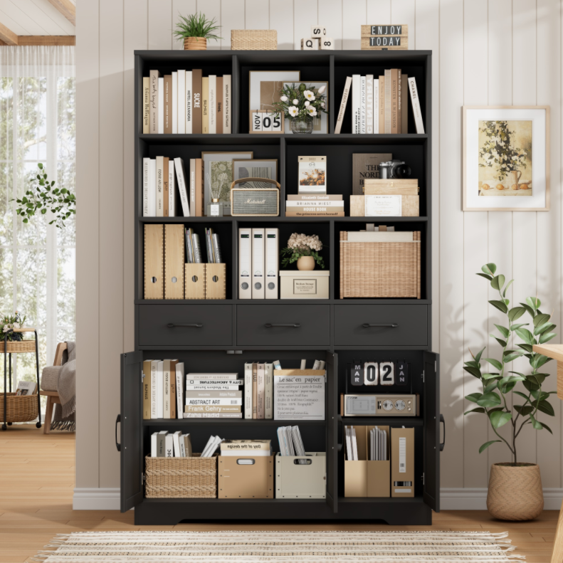 Hiphuta 71" Tall Bookcase with 3 Drawers and Doors, 43" Wide Farmhouse Bookcase with 8 Open Compartments for Office Living Room, Black