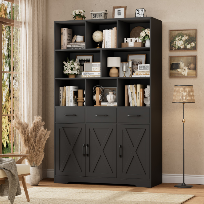 Hiphuta 71" Tall Bookcase with 3 Drawers and Doors, 43" Wide Farmhouse Bookcase with 8 Open Compartments for Office Living Room, Black