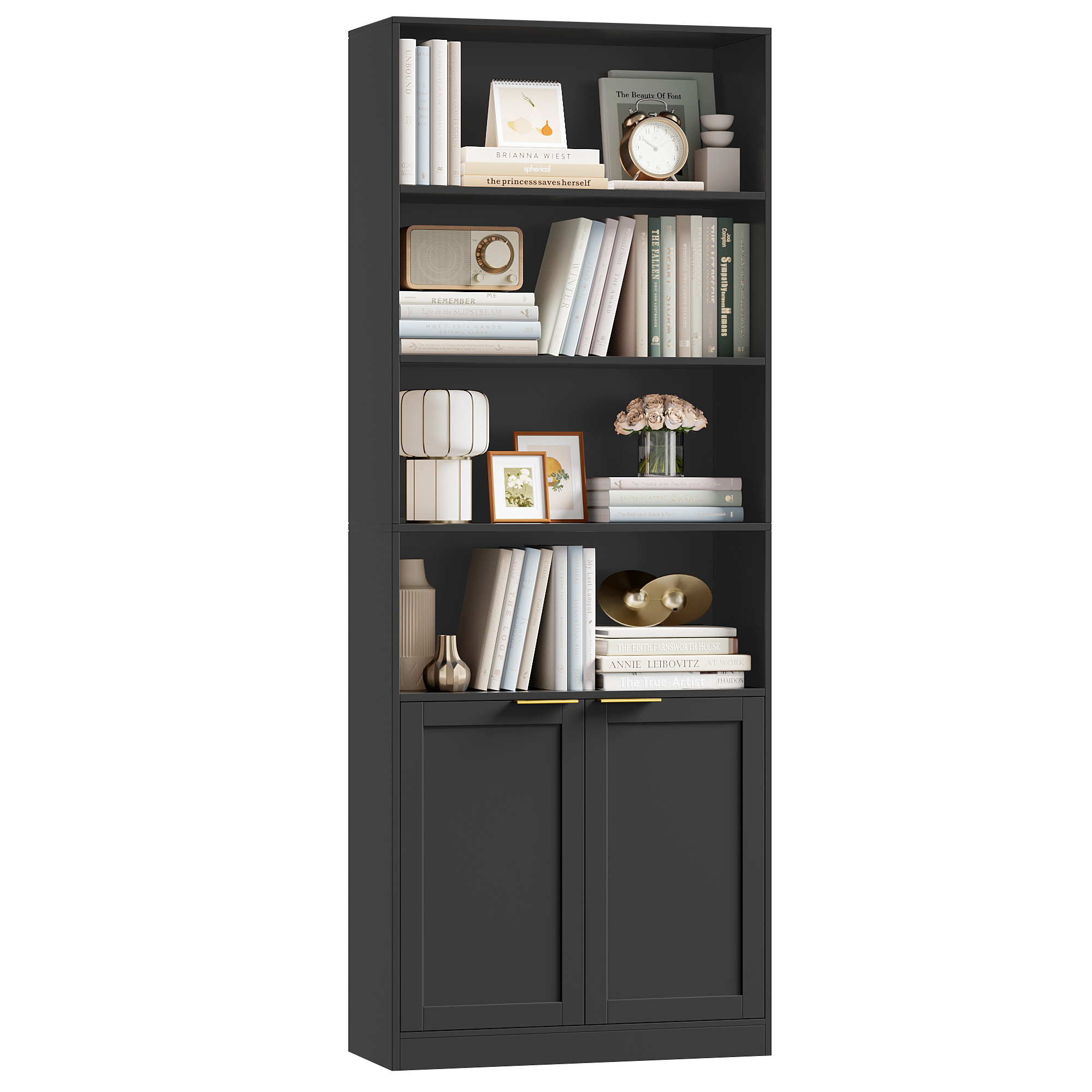 Hiphuta 73" Tall 6 tier Bookcase, Minimalist Single Row Bookshelf with 2 Doors, Modern Wooden Bookcase for Office, Living Room, Black