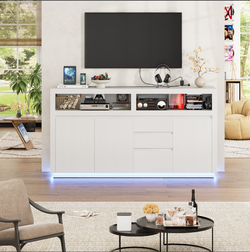 Hiphuta Farmhouse TV Stand with RGB LED, Modern Entertainment Center with Doors and Drawers, White