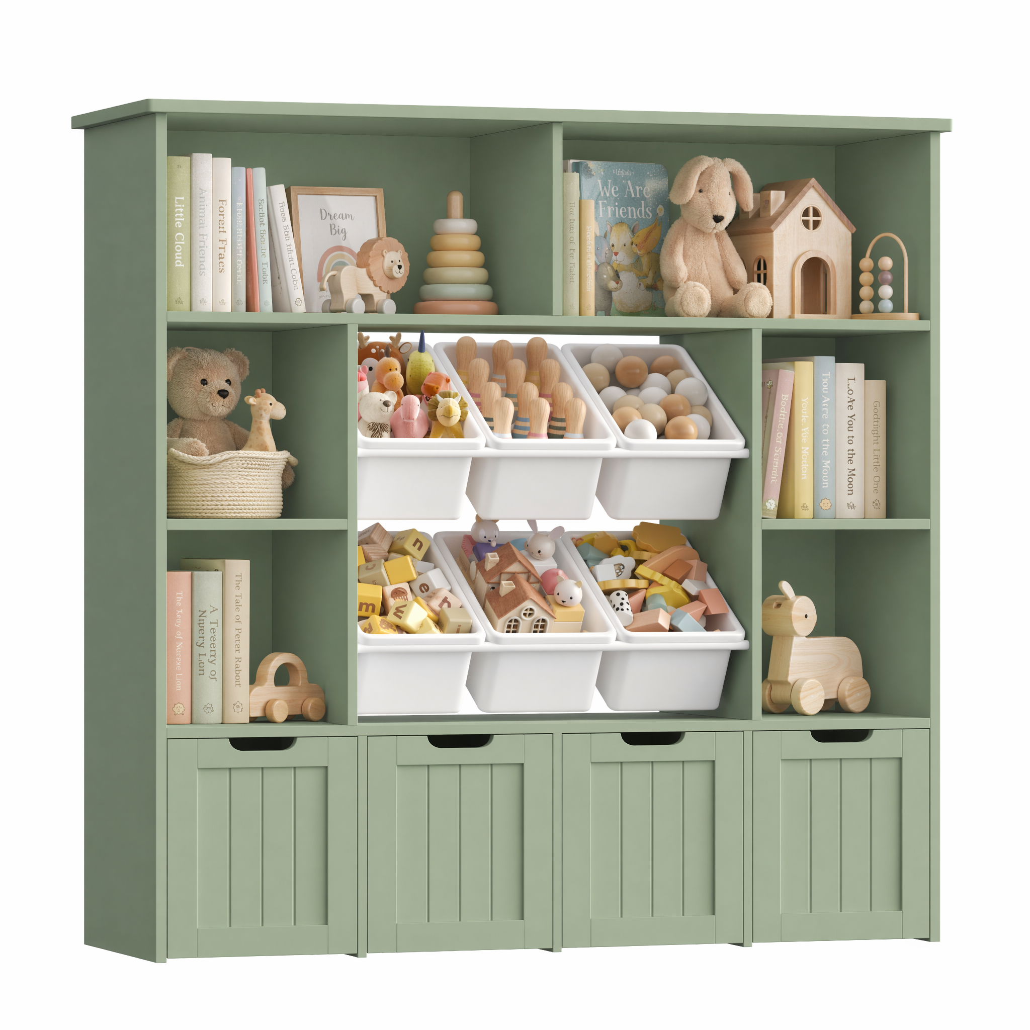 Hiphuta Large 4 Tier Kids Bookcase, Wood Toy Organizer of 6 Boxes & 4 Removable Drawers, Bookshelf for Kids Room Classroom, Green+White Boxs