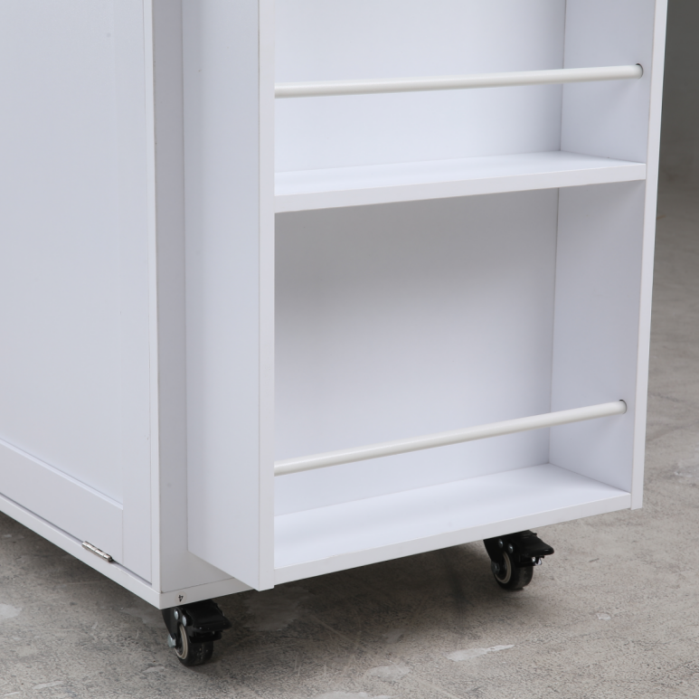 Hiphuta Kitchen Island with Trash Can and Drop Leaf, Movable Buffet Cabinet with Charging Station & Knife Rack, White