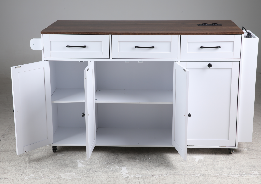 Hiphuta Kitchen Island with Trash Can and Drop Leaf, Movable Buffet Cabinet with Charging Station & Knife Rack, White