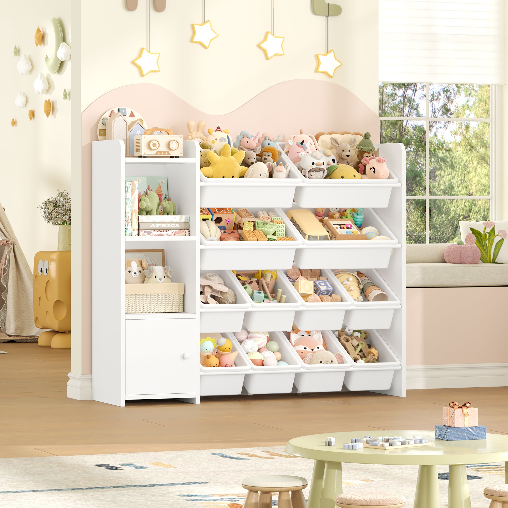 Hiphuta 44”Wide Kids Bookcase Toy Storage Organizer with 12 Removable Toy Boxes, Wooden Toy Chest for Kids, Kids Storage Bookshelf for Small Bedroom Playroom, White