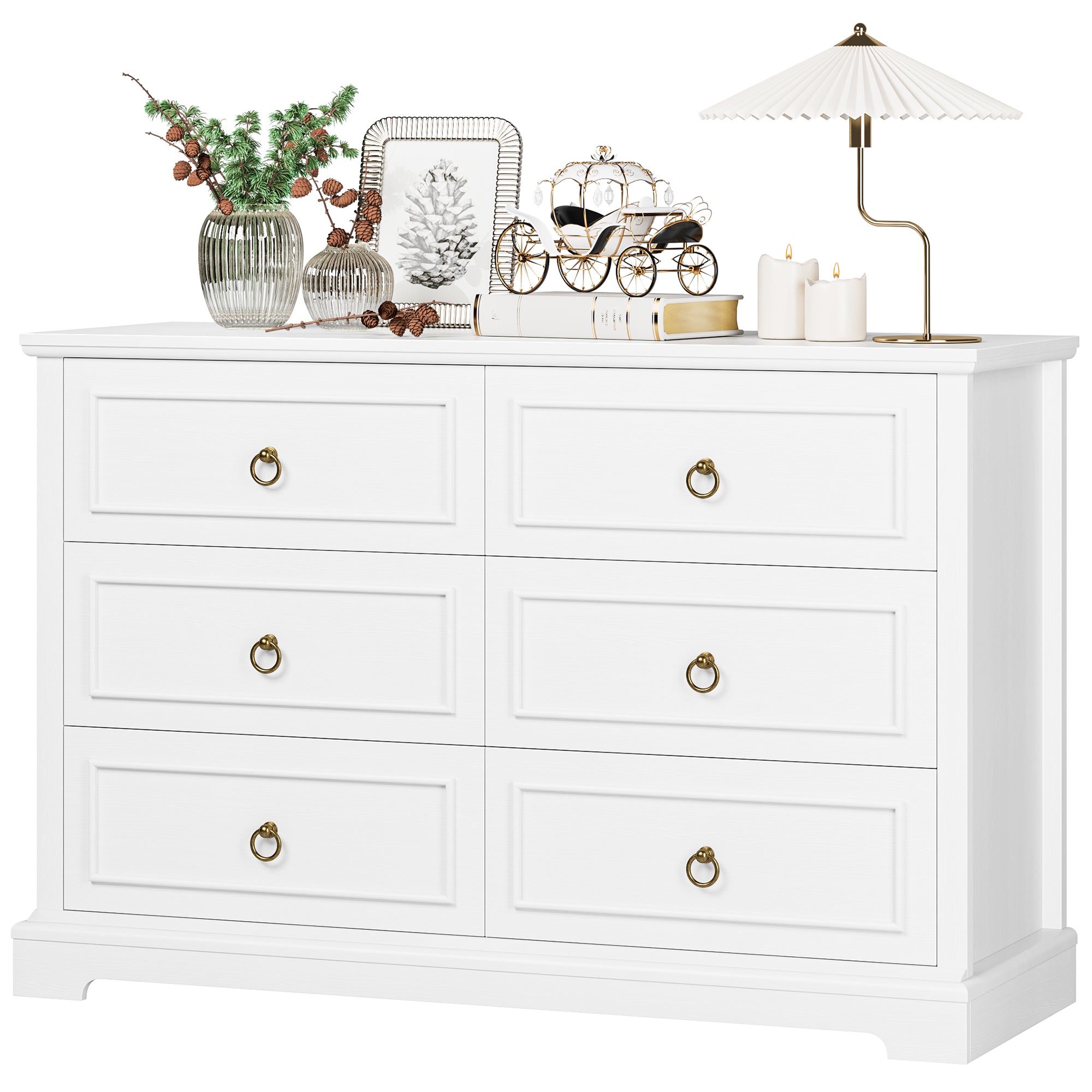 Hiphuta Modern 6 Drawer Dresser for Bedroom with Metal Handle, Large Double Dresser Organizer, Wood Chest of Drawers, White