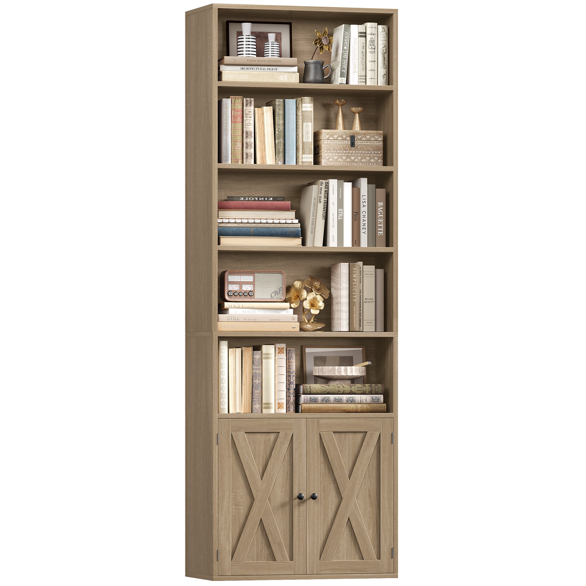 Hiphuta 82.3" Tall Bookcase with Doors, 5-Tier Bookshelves with Storage, 23.6"W Display Shelf with 2 Doors for Home Office, Living Room, Light Oak