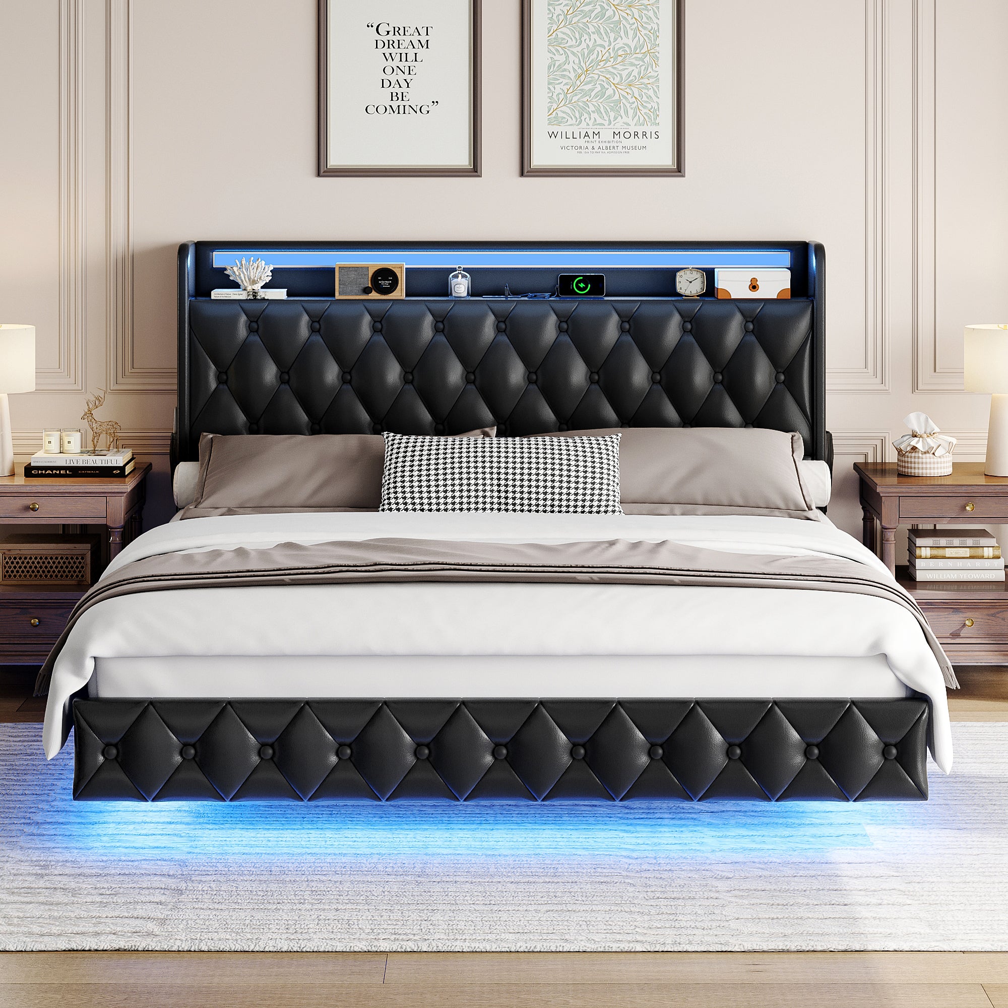 Hiphuta Queen Size Floating Bed Frame with LED Lights, Faux PU Leather Platform Bed with Charging Station & Button Tufted Headboard Storage, No Box Spring Needed, Black