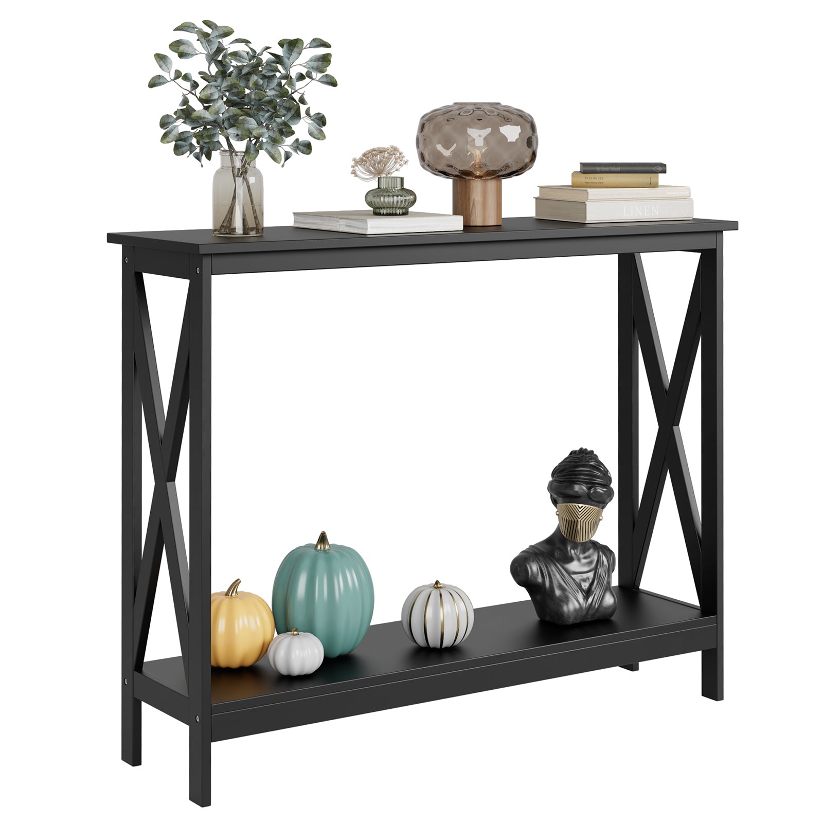 Hiphuta 39.4"W Console Table with X- Wooden Frame, Entryway Table, Long Tabletop, 2-Tier Sofa Side Table, Black