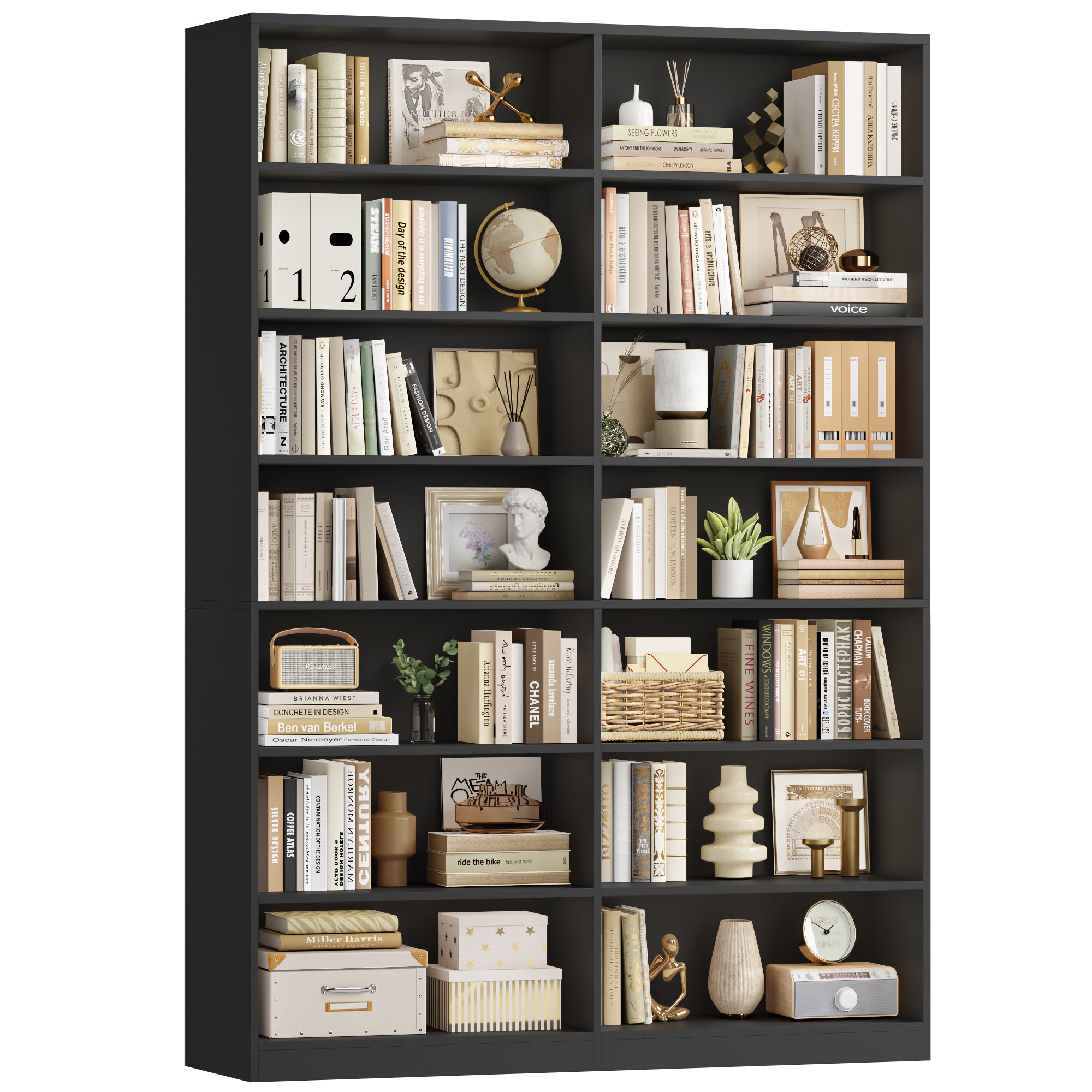 Hiphuta 84"H Wooden Double 7-Tier Tall Bookcase, Standard Bookcase for Living Room and Office, Freestanding Display Storage Shelves, Black