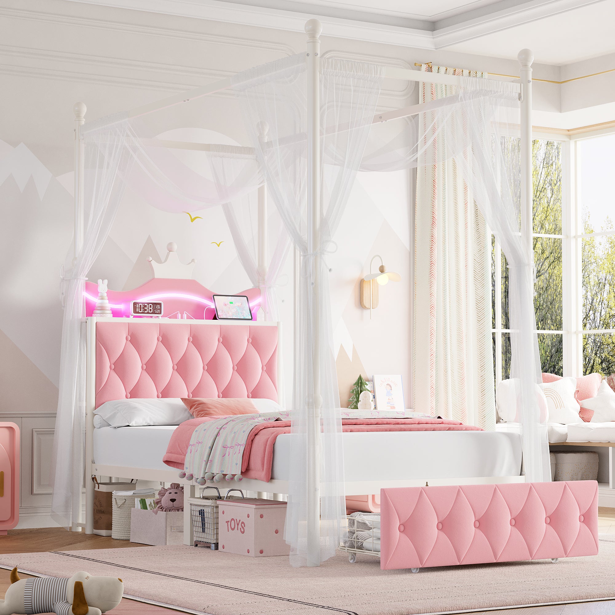 Hiphuta Twin Size Crown Canopy Bed with Power Outlet & LED, Upholstered Princess Beds with 4 Removable Posts, Twin Bed Frame, Pink