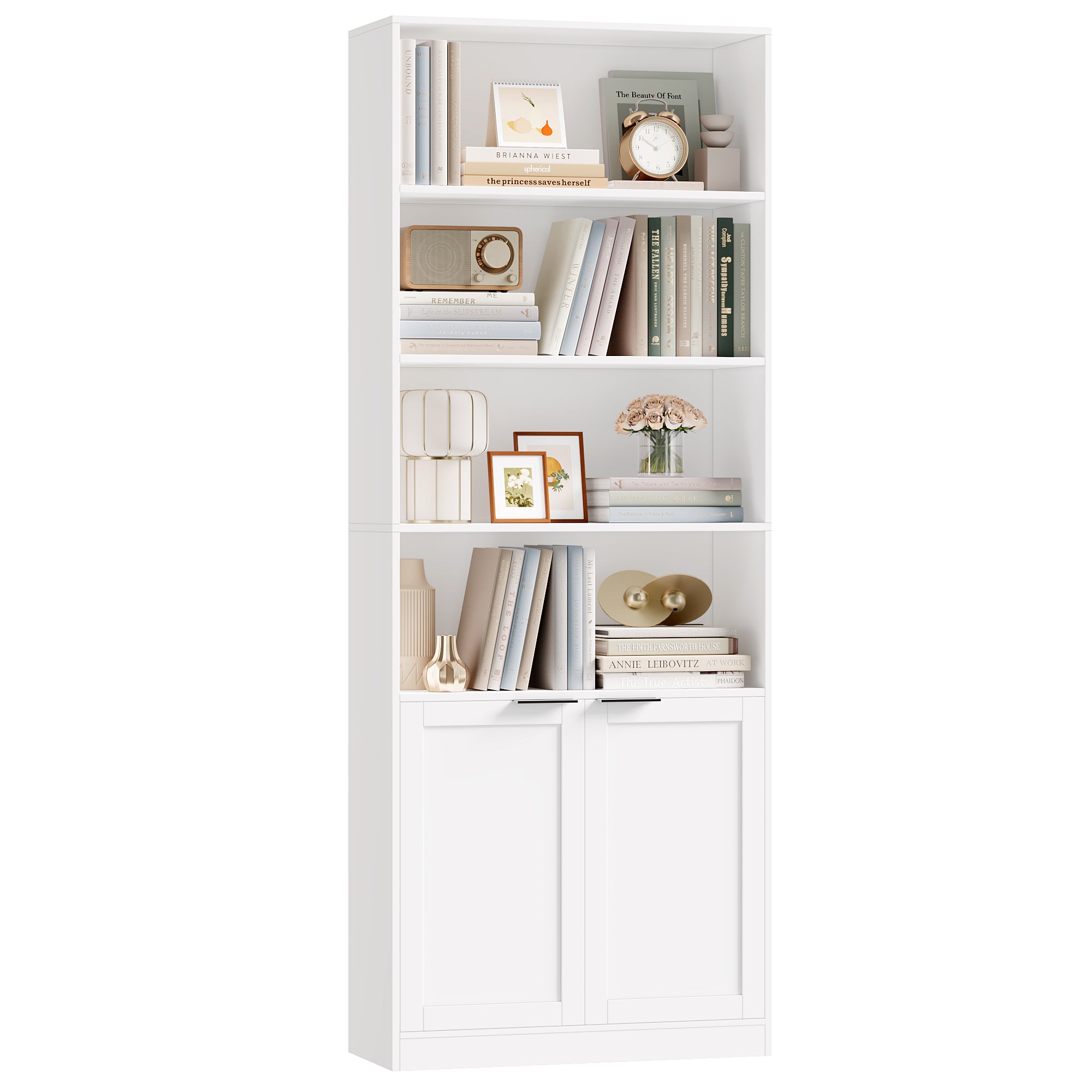 Hiphuta 73" Tall 6 tier Bookcase, Minimalist Single Row Bookshelf with 2 Doors, Modern Wooden Bookcase for Office, Living Room, White