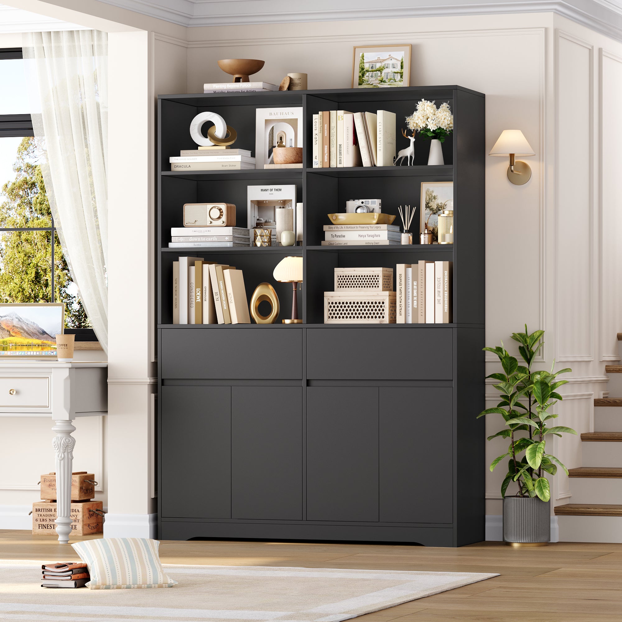 Hiphuta 69"H Modern Bookcases with Doors & Drawers, Large Wooden Display Shelf for Home Office, Wooden Storage Bookshelf for Living Room, Black