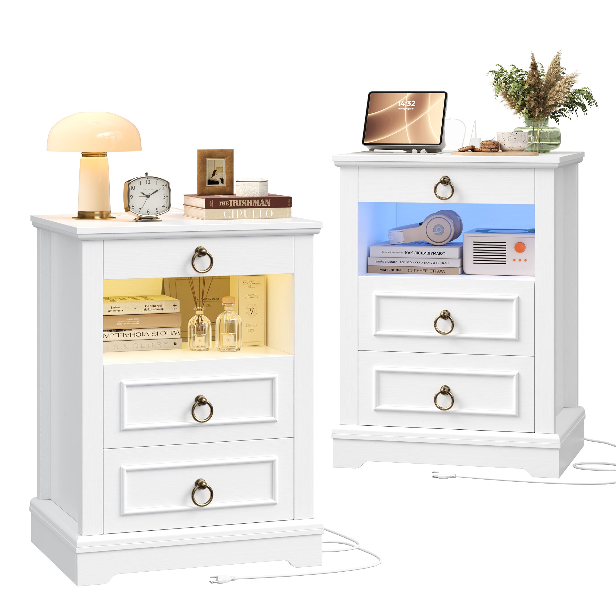 Hiphuta RGB LED Nightstands Set of 2, 3-Drawer Sofa Tables with Charging Station and Retro Handles, for Bedroom Living Room, White